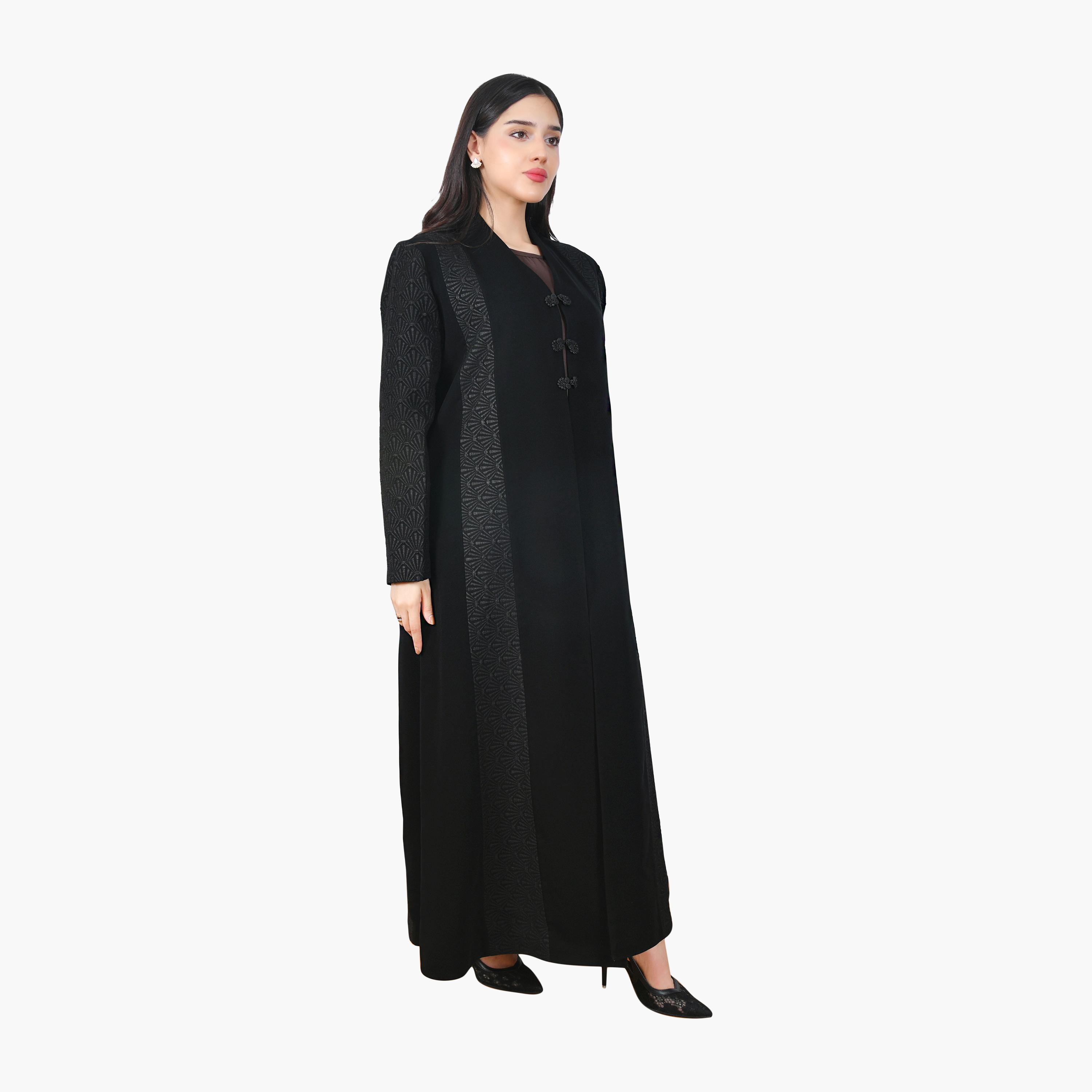 Hawraa Black Jacquard Linen Women's Formal Half-Cloche Abaya-women-arabicclothing-abayas-image-4