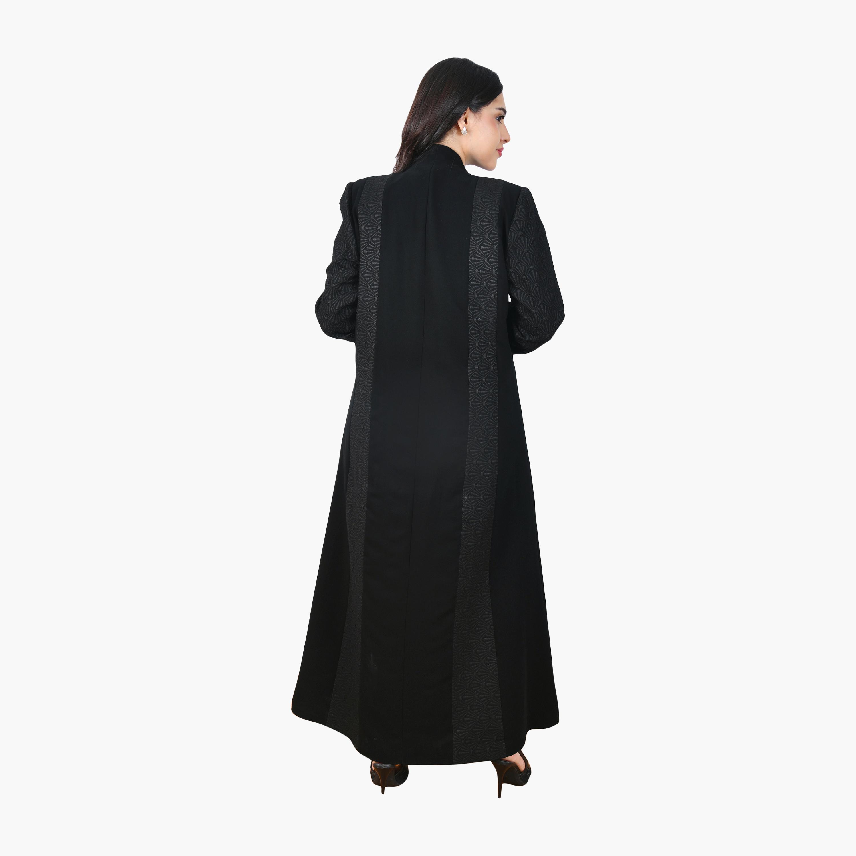 Hawraa Black Jacquard Linen Women's Formal Half-Cloche Abaya-women-arabicclothing-abayas-image-5