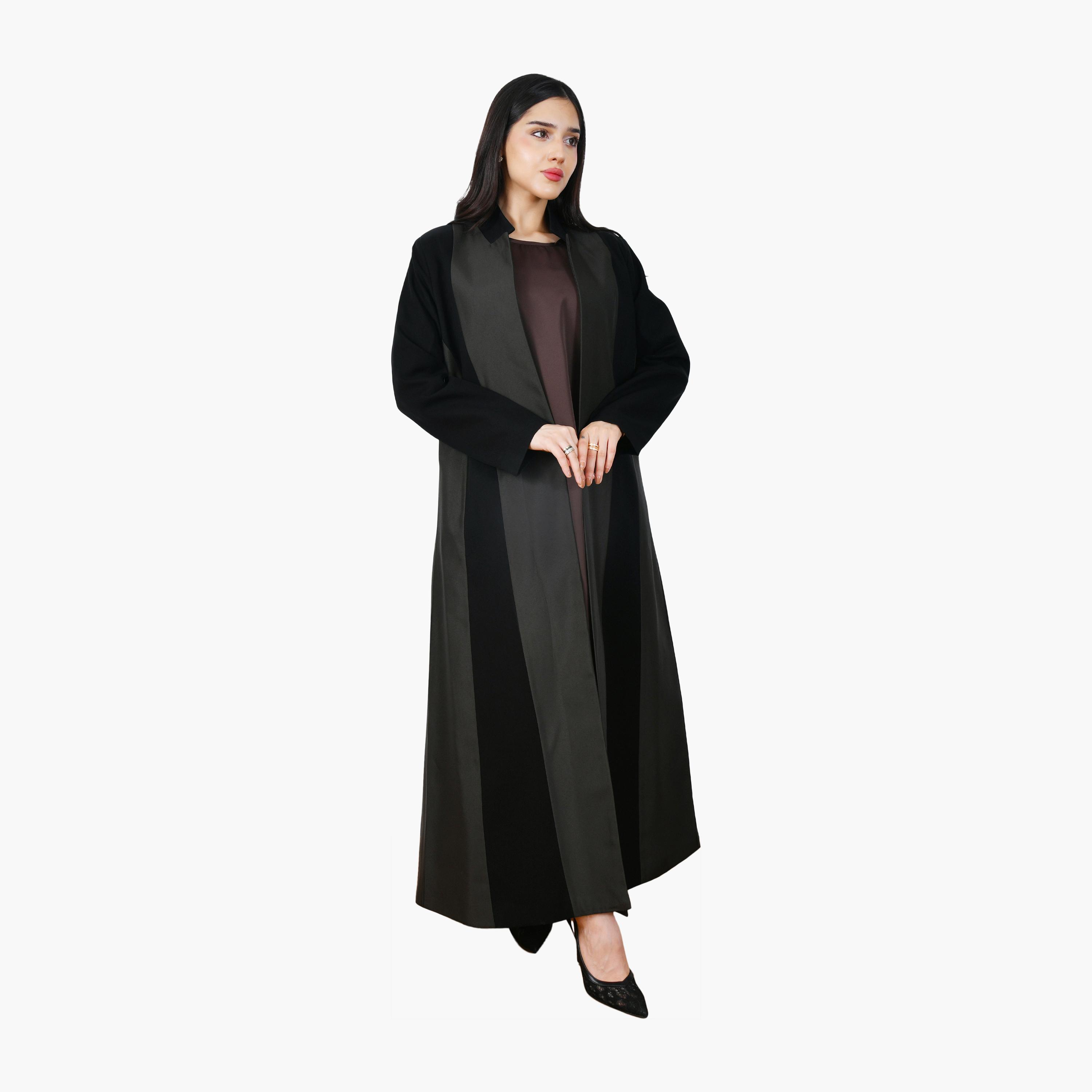 Hawraa Black Colour-Block Panelled Collared Linen Women's Half-Cloche Abaya-women-arabicclothing-abayas-image-1