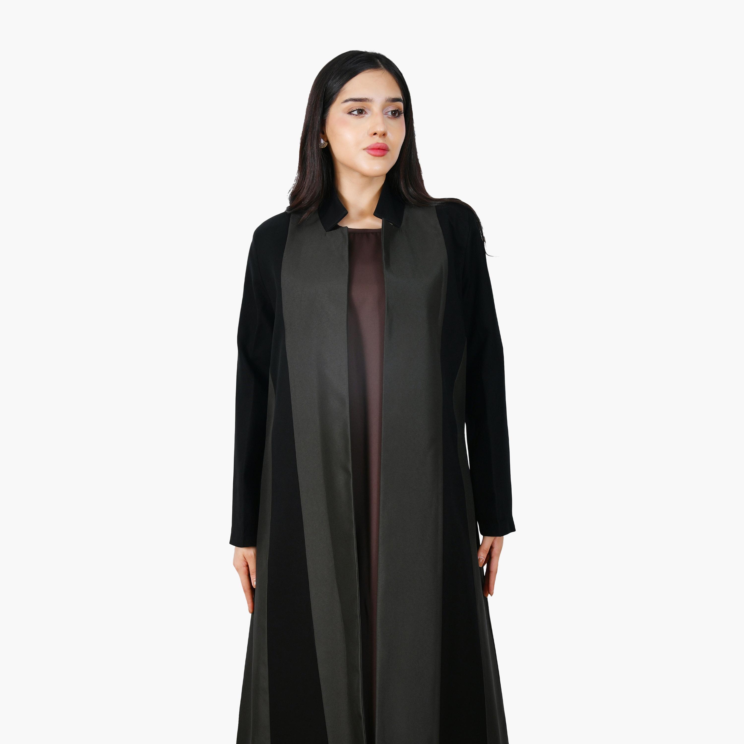 Hawraa Black Colour-Block Panelled Collared Linen Women's Half-Cloche Abaya-women-arabicclothing-abayas-image-2