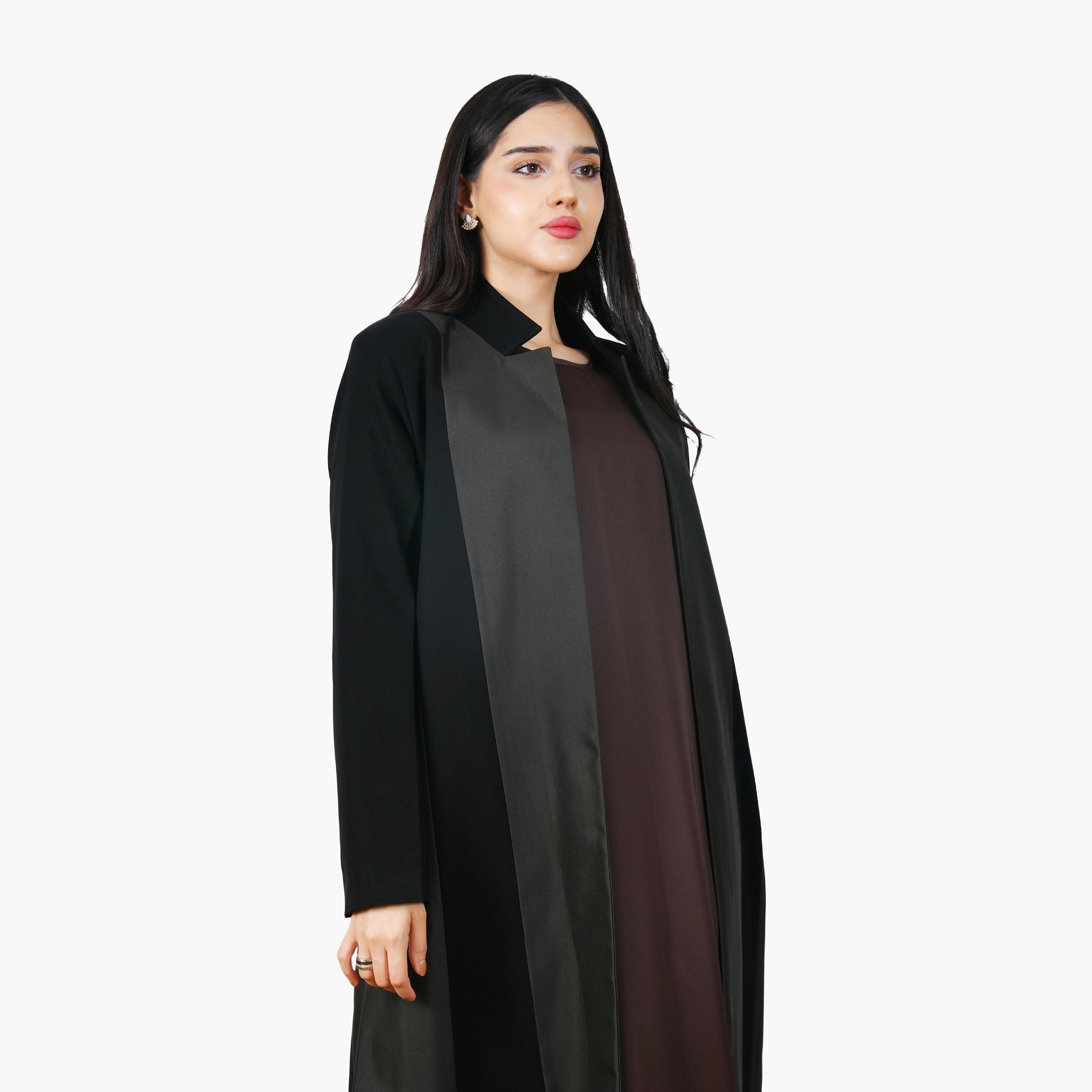 Hawraa Black Colour-Block Panelled Collared Linen Women's Half-Cloche Abaya-women-arabicclothing-abayas-image-3