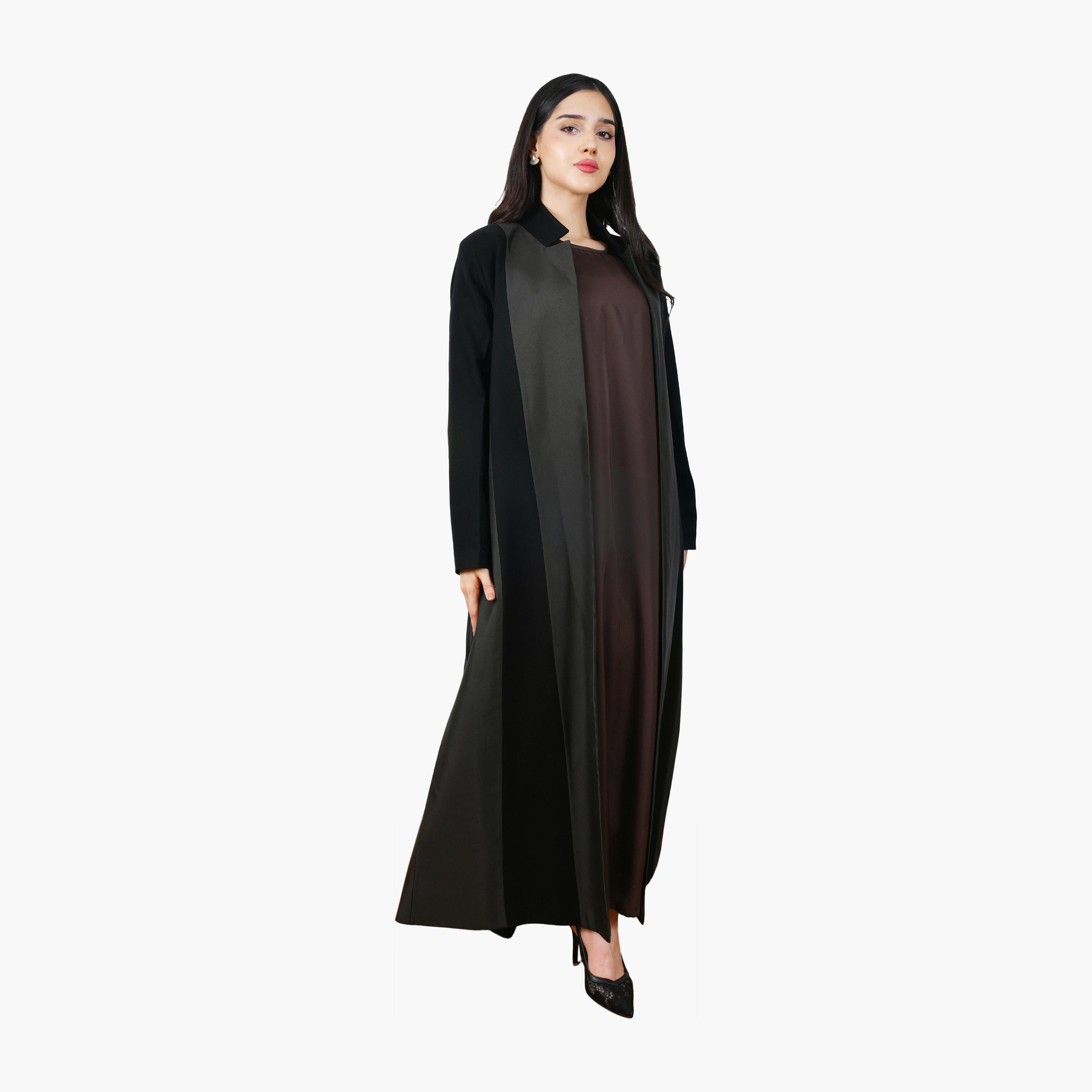 Hawraa Black Colour-Block Panelled Collared Linen Women's Half-Cloche Abaya-women-arabicclothing-abayas-image-4