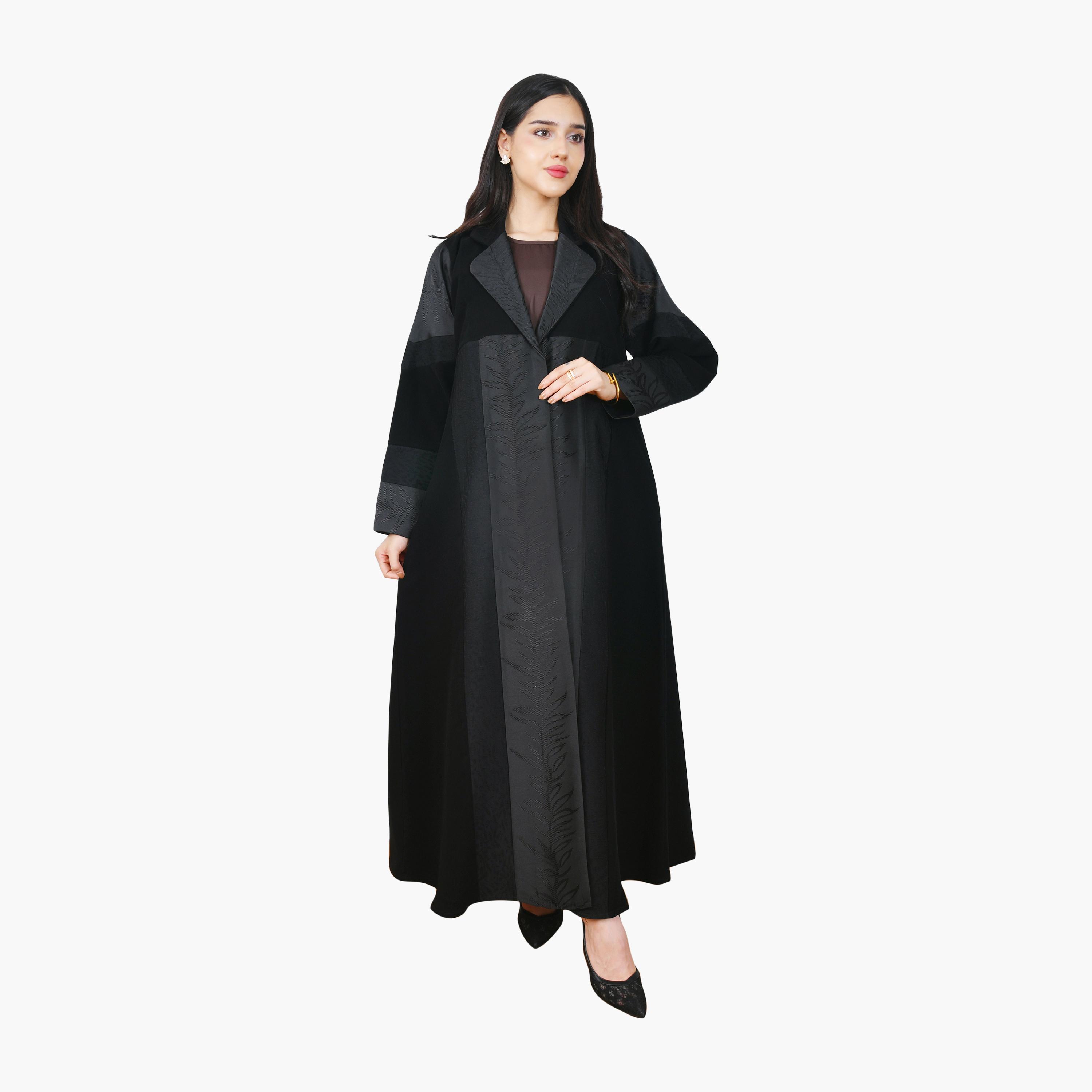 عباية سوداء من الكتان نصف كلوش، مطرزة بالجاكار ومتعددة الألوان من حوراء-women-arabicclothing-abayas-image-1