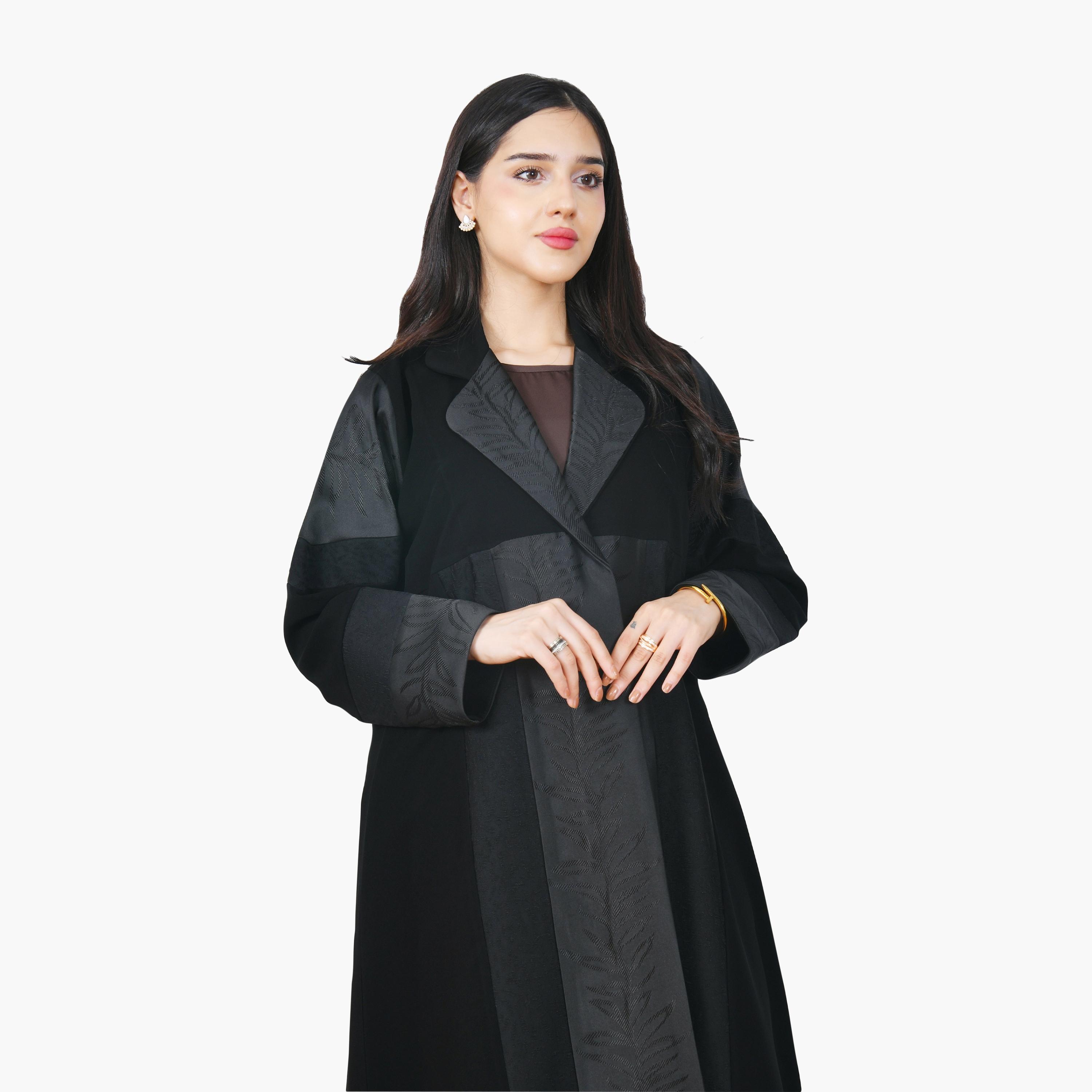 عباية سوداء من الكتان نصف كلوش، مطرزة بالجاكار ومتعددة الألوان من حوراء-women-arabicclothing-abayas-image-2