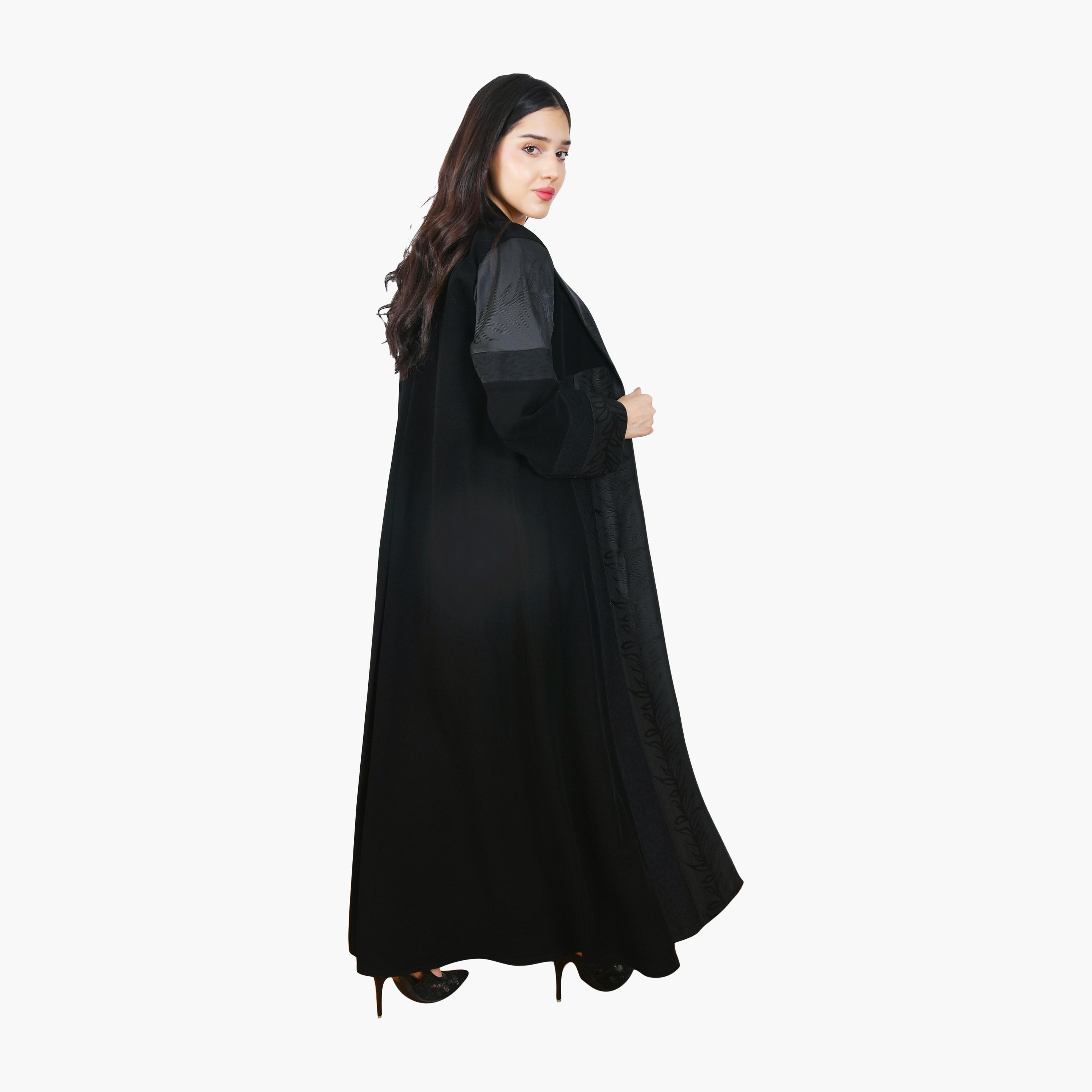 عباية سوداء من الكتان نصف كلوش، مطرزة بالجاكار ومتعددة الألوان من حوراء-women-arabicclothing-abayas-image-5