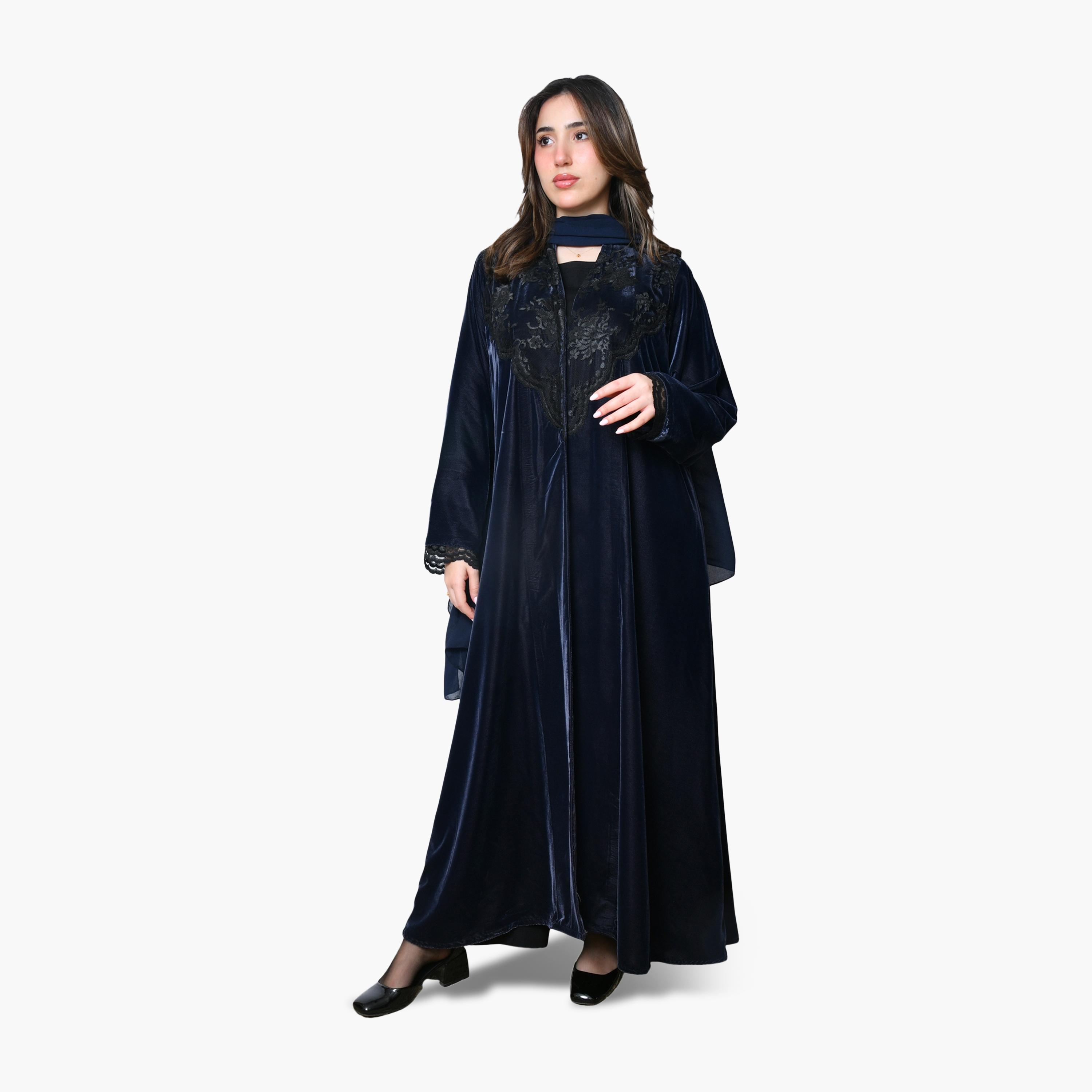 Oya Abaya Navy Lace Detailed Velvet Women's Evening Abaya with Scarf-women-arabicclothing-abayas-image-1