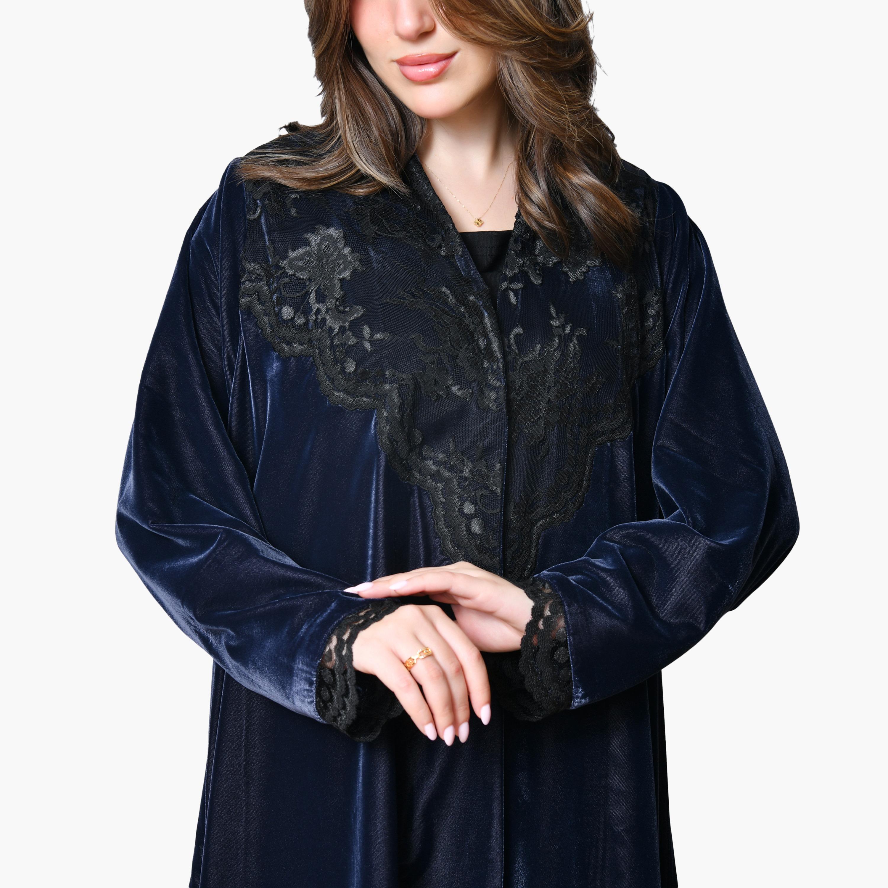 Oya Abaya Navy Lace Detailed Velvet Women's Evening Abaya with Scarf-women-arabicclothing-abayas-image-2