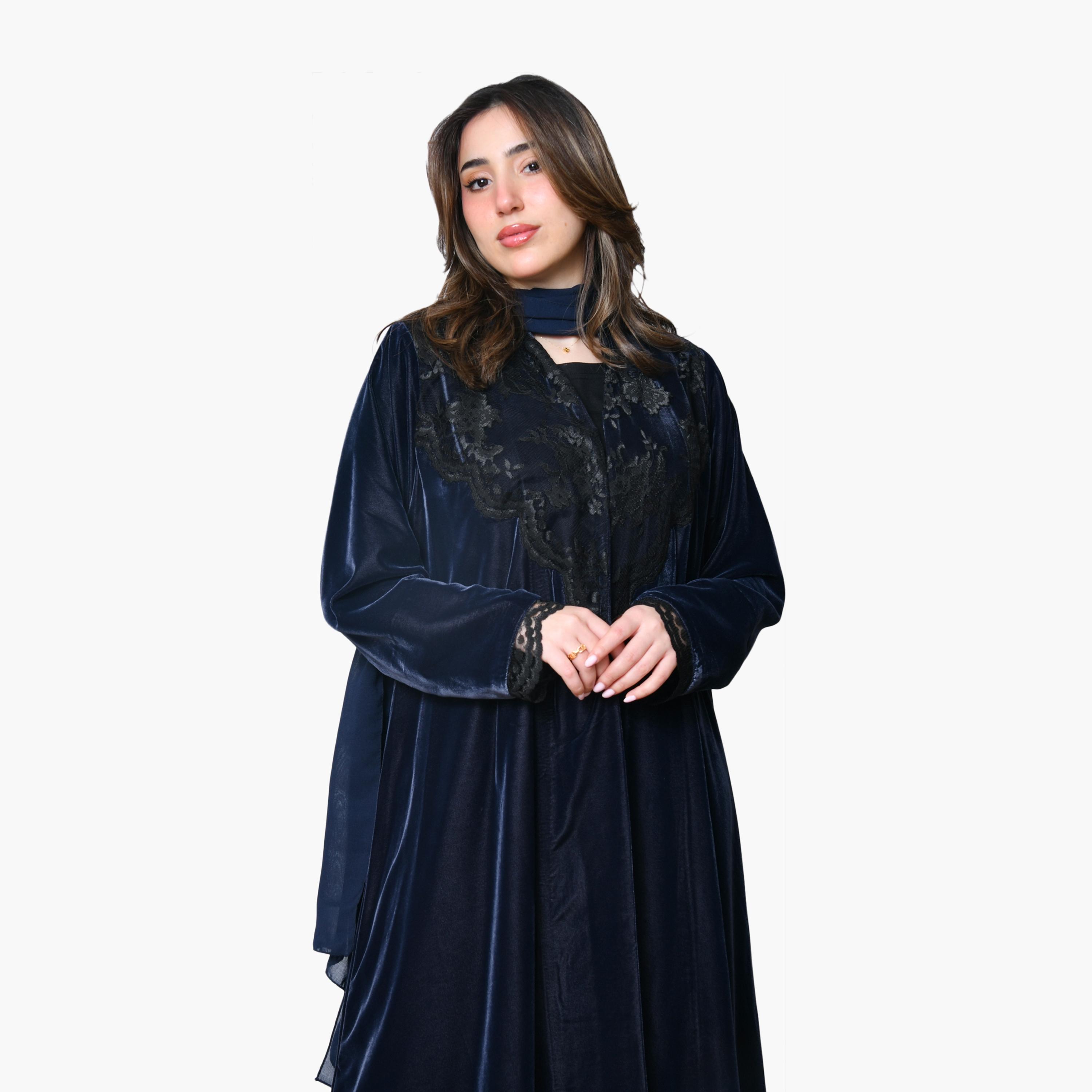 Oya Abaya Navy Lace Detailed Velvet Women's Evening Abaya with Scarf-women-arabicclothing-abayas-image-3
