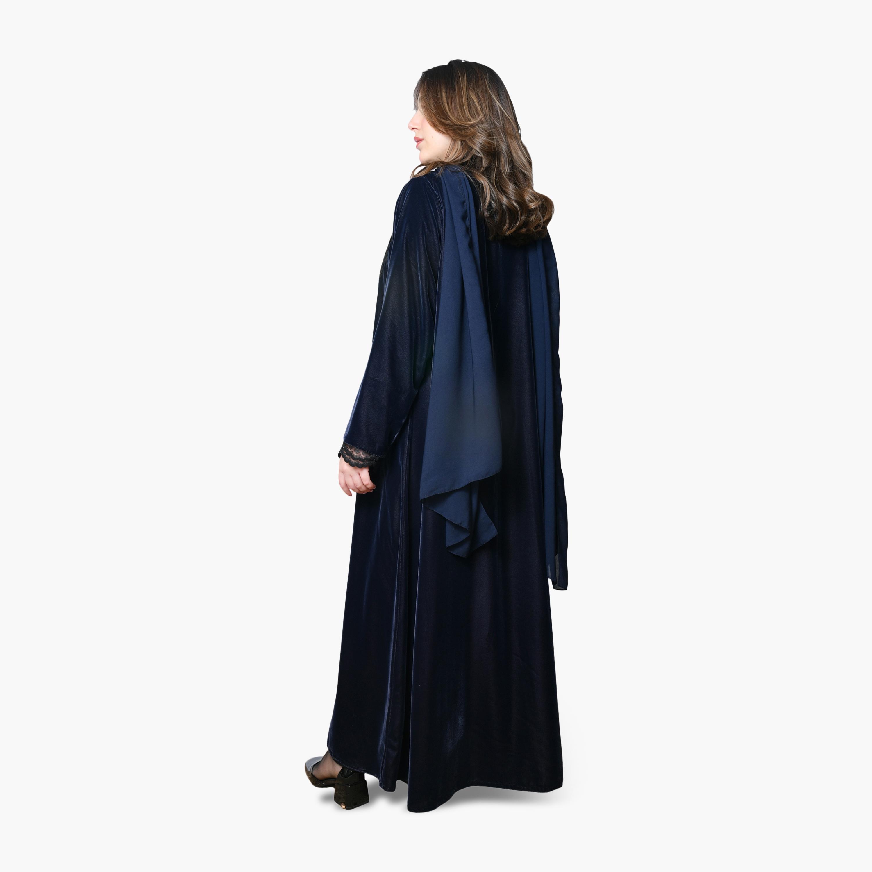Oya Abaya Navy Lace Detailed Velvet Women's Evening Abaya with Scarf-women-arabicclothing-abayas-image-4