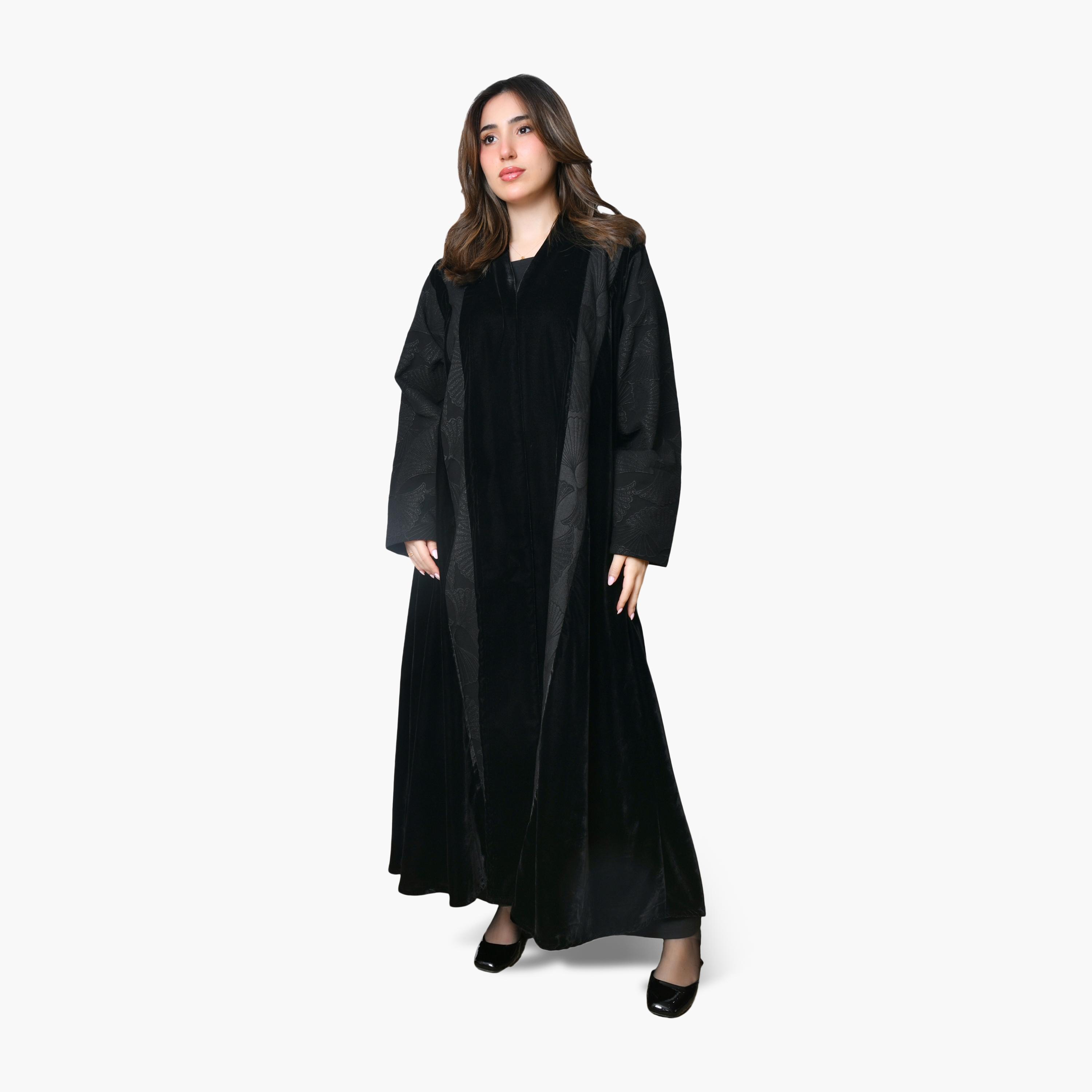 Oya Abaya Black Leaf Jacquard Velvet Women's Abaya-women-arabicclothing-abayas-image-1
