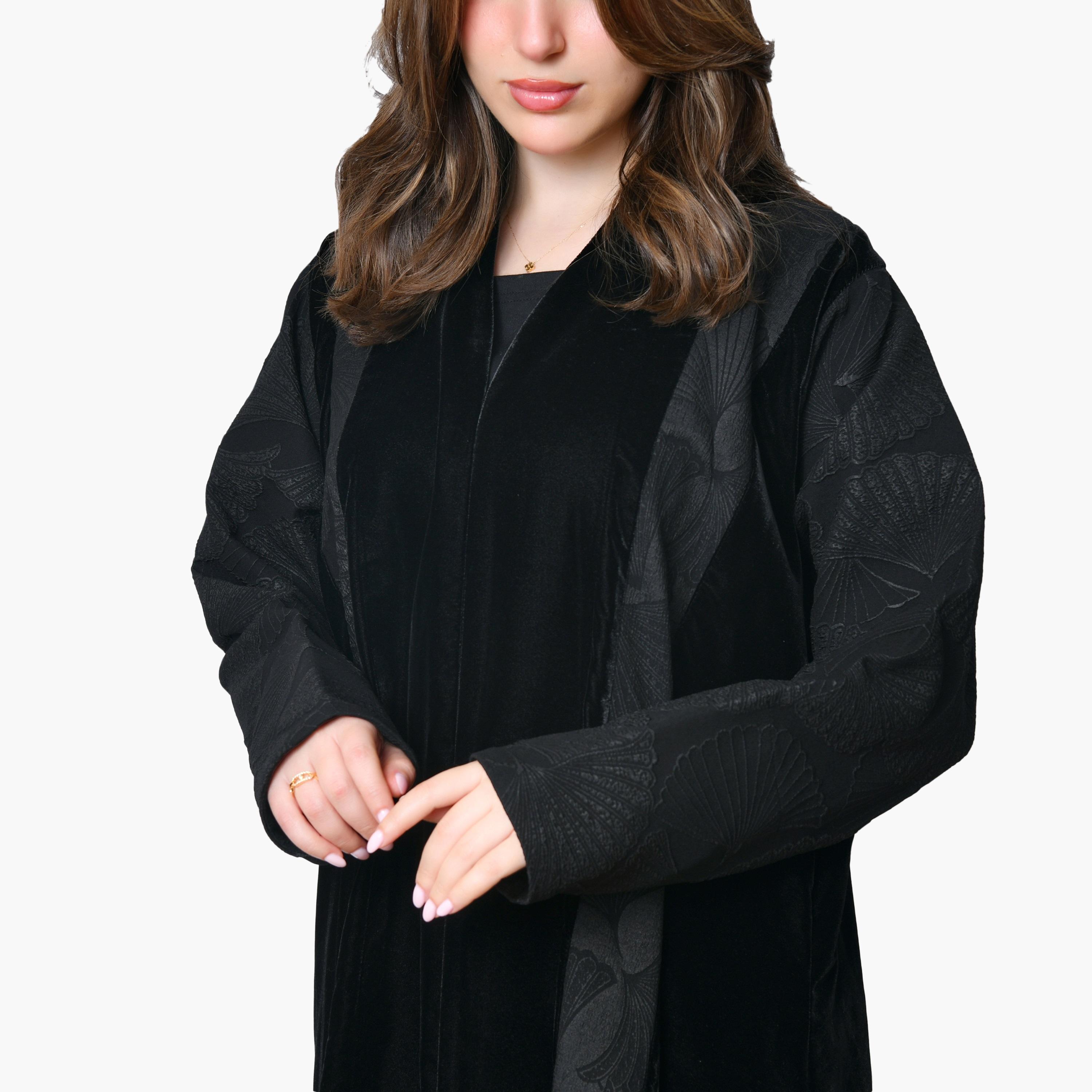 Oya Abaya Black Leaf Jacquard Velvet Women's Abaya-women-arabicclothing-abayas-image-2