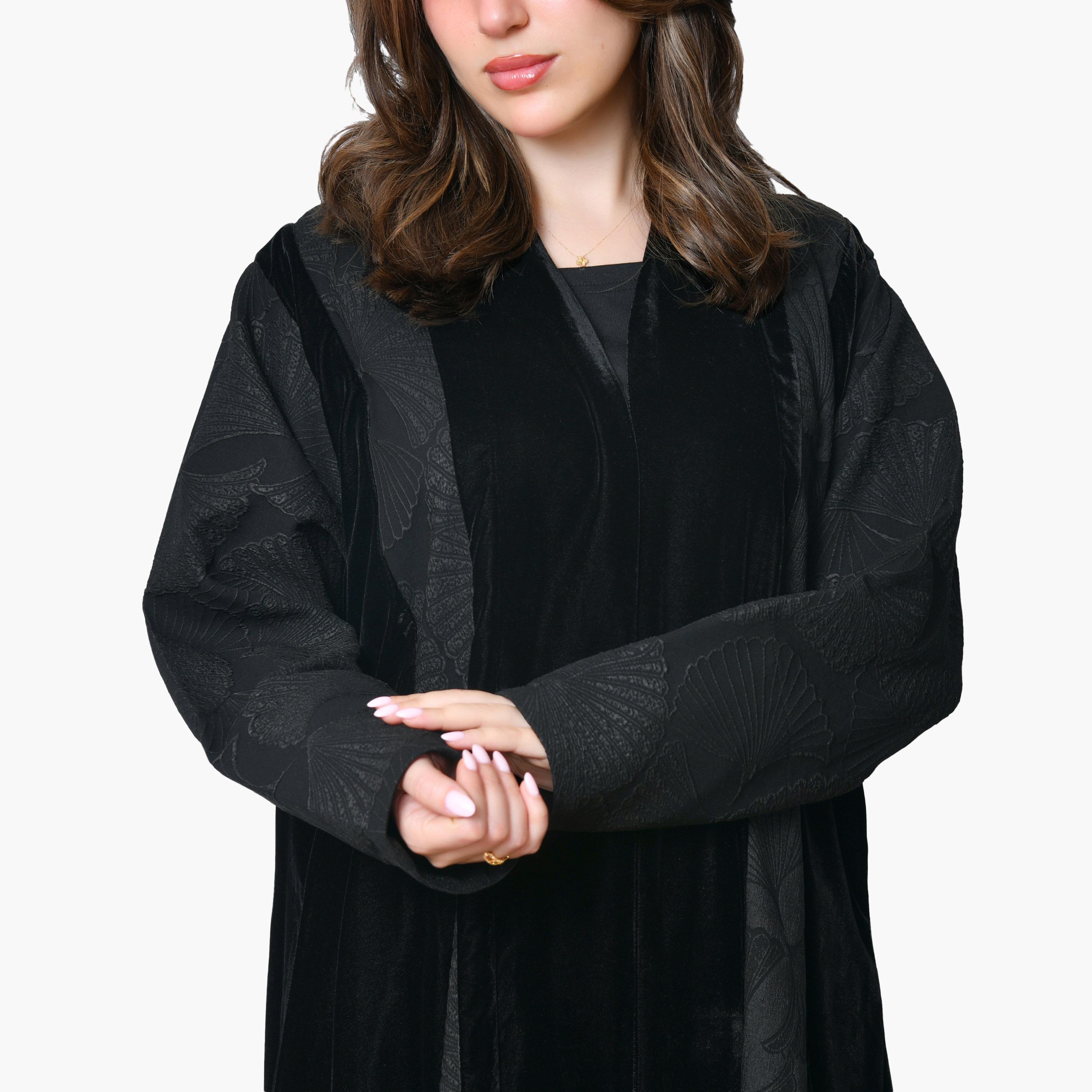 Oya Abaya Black Leaf Jacquard Velvet Women's Abaya-women-arabicclothing-abayas-image-3