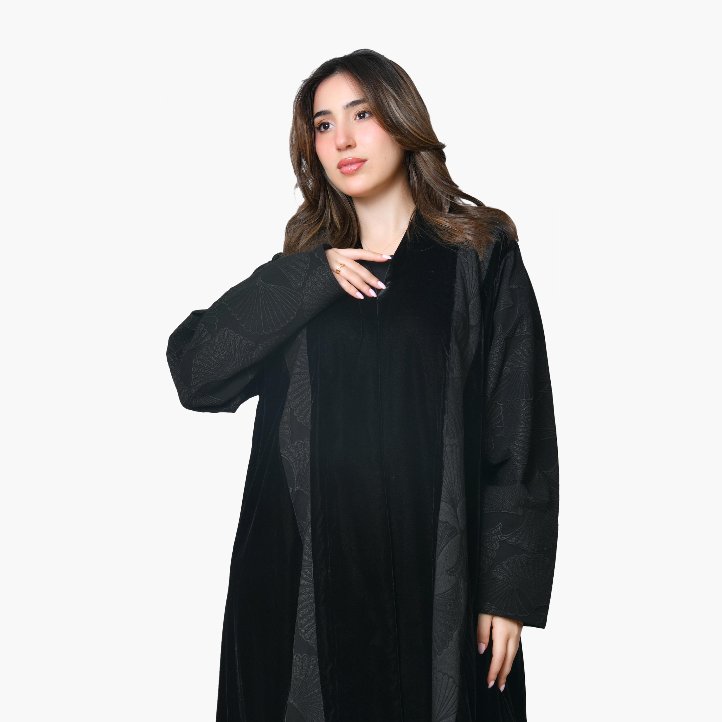 Oya Abaya Black Leaf Jacquard Velvet Women's Abaya-women-arabicclothing-abayas-image-4