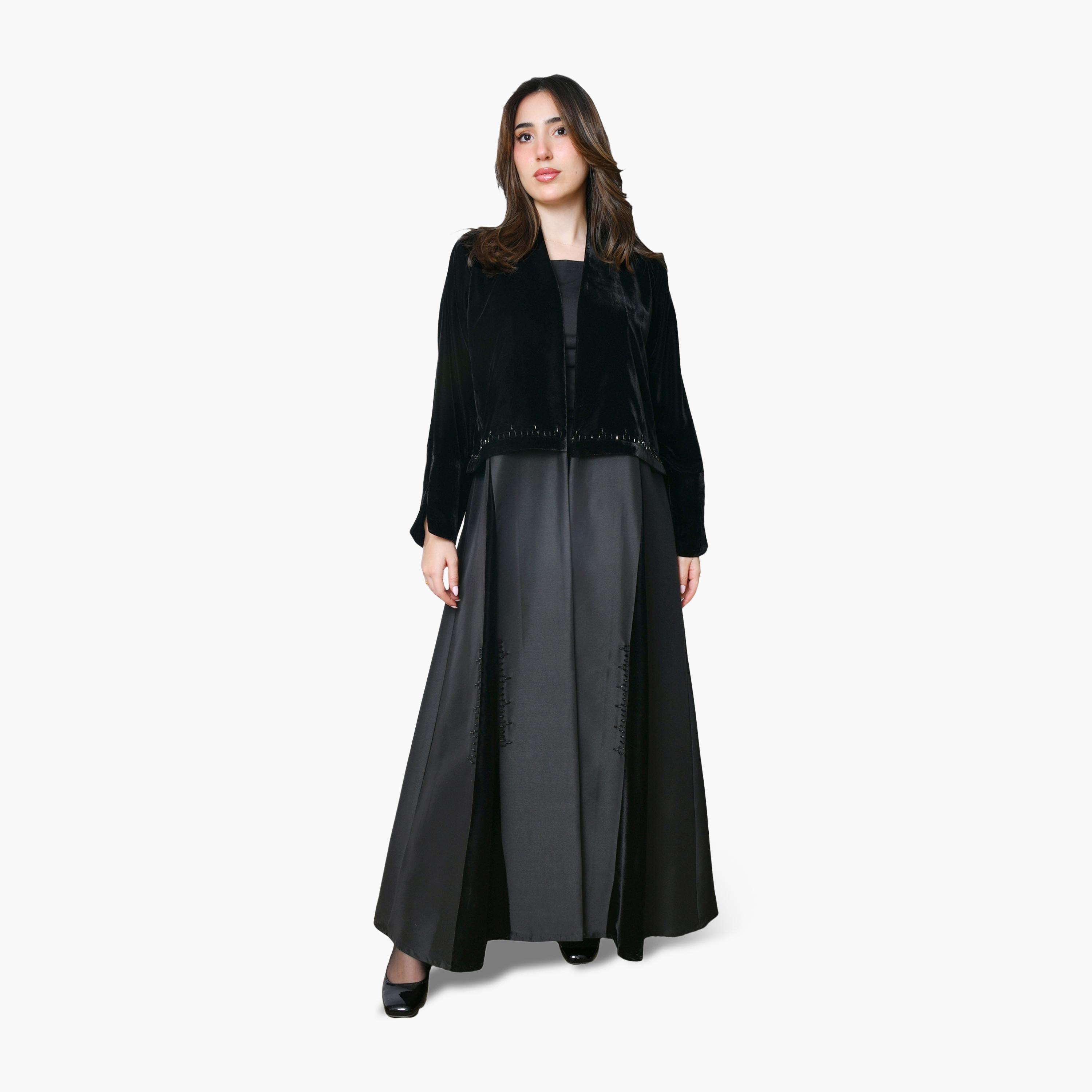 Oya Abaya Black Pleated Slit Detailed Sleeves Velvet Women's Evening Abaya-women-arabicclothing-abayas-image-1