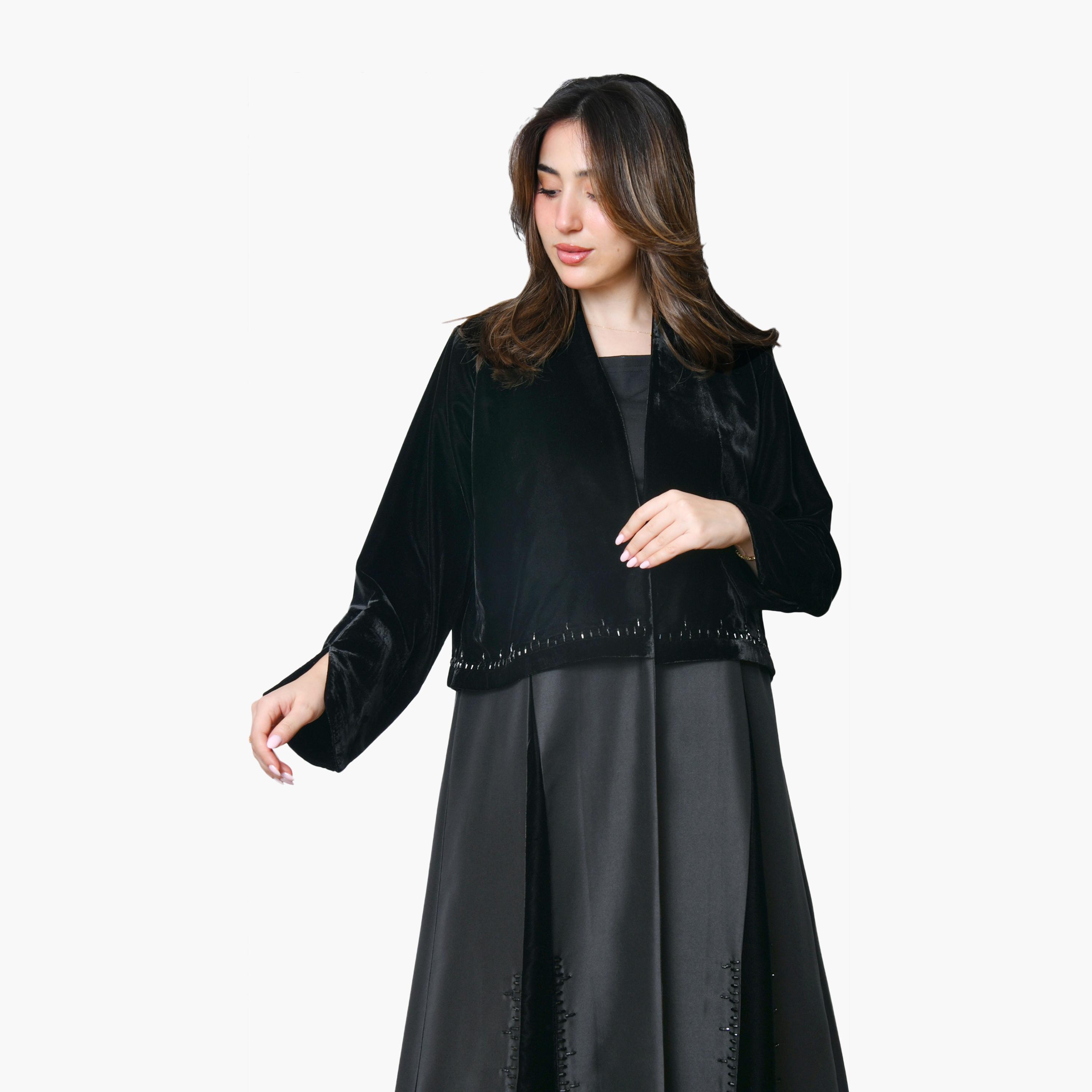 Oya Abaya Black Pleated Slit Detailed Sleeves Velvet Women's Evening Abaya-women-arabicclothing-abayas-image-2