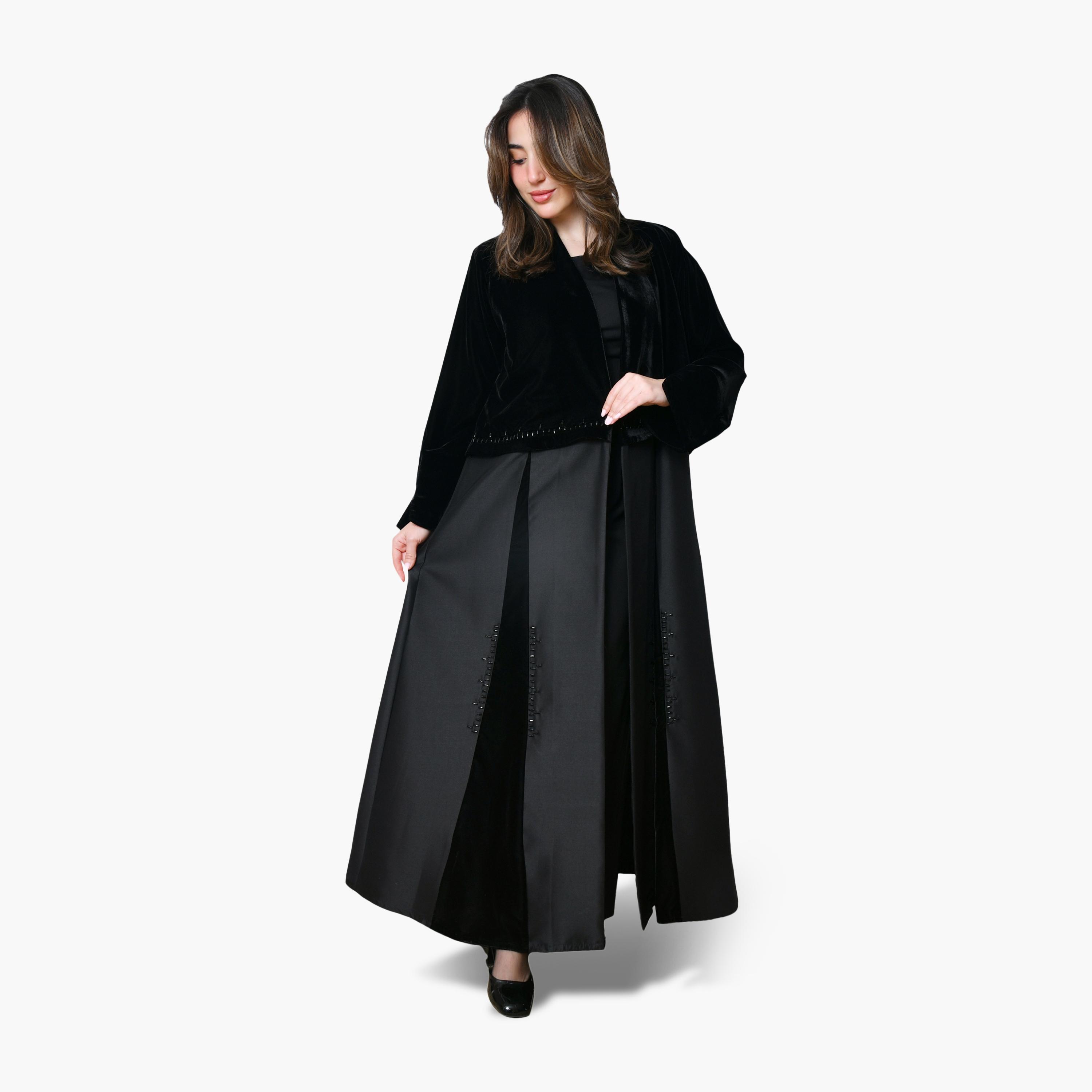 Oya Abaya Black Pleated Slit Detailed Sleeves Velvet Women's Evening Abaya-women-arabicclothing-abayas-image-4