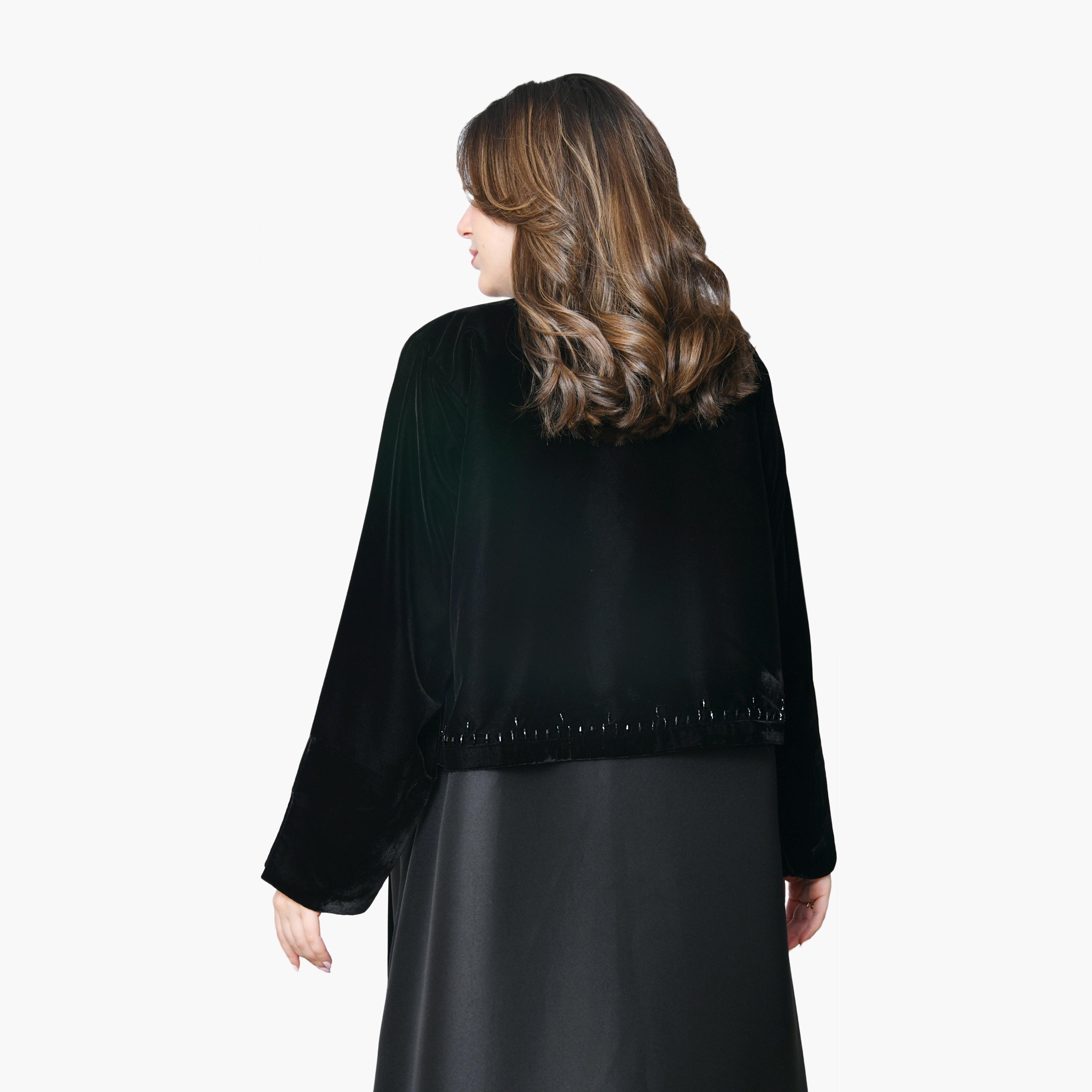 Oya Abaya Black Pleated Slit Detailed Sleeves Velvet Women's Evening Abaya-women-arabicclothing-abayas-image-5