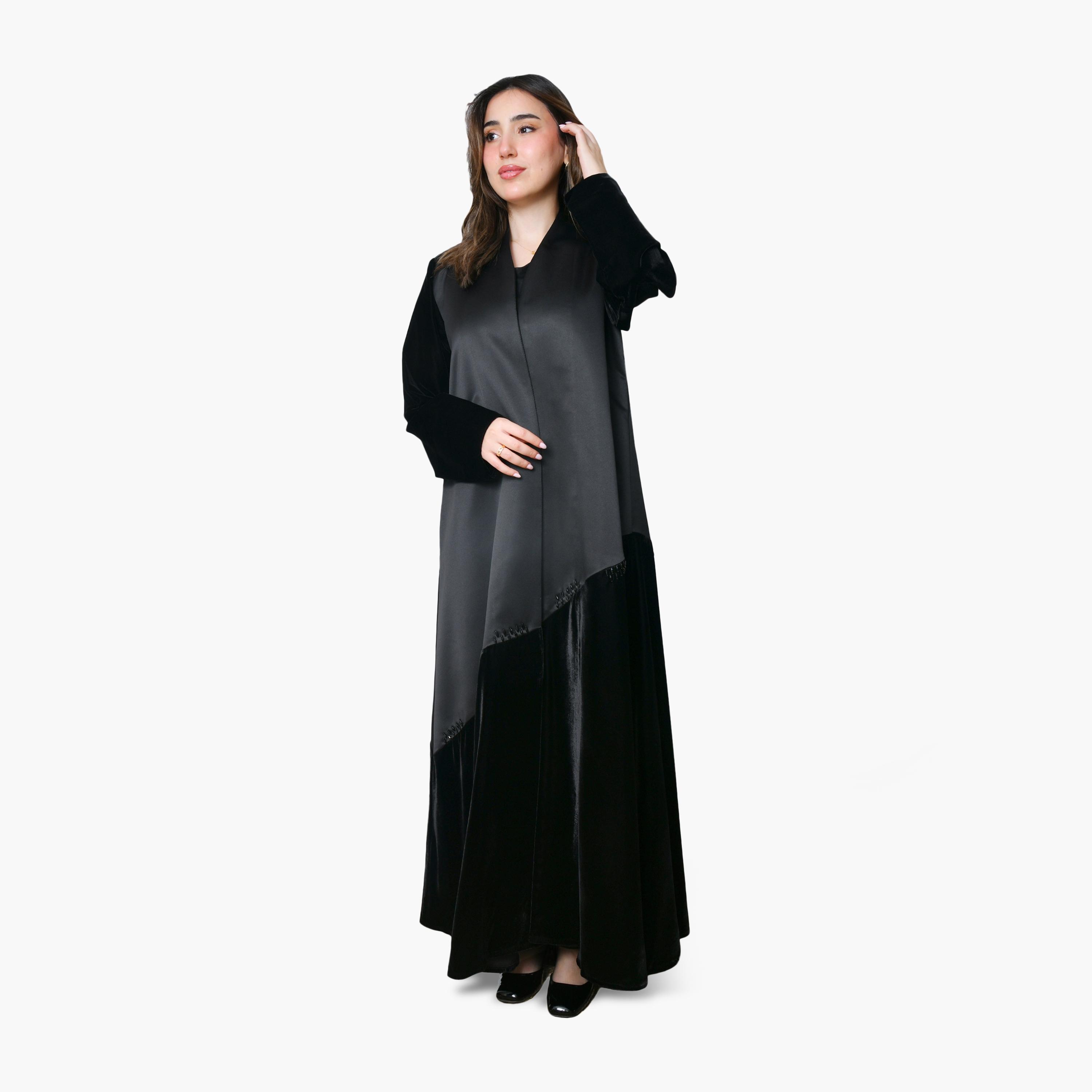 Oya Abaya Black Dual Tone Velvet & Satin Women's Abaya-women-arabicclothing-abayas-image-1