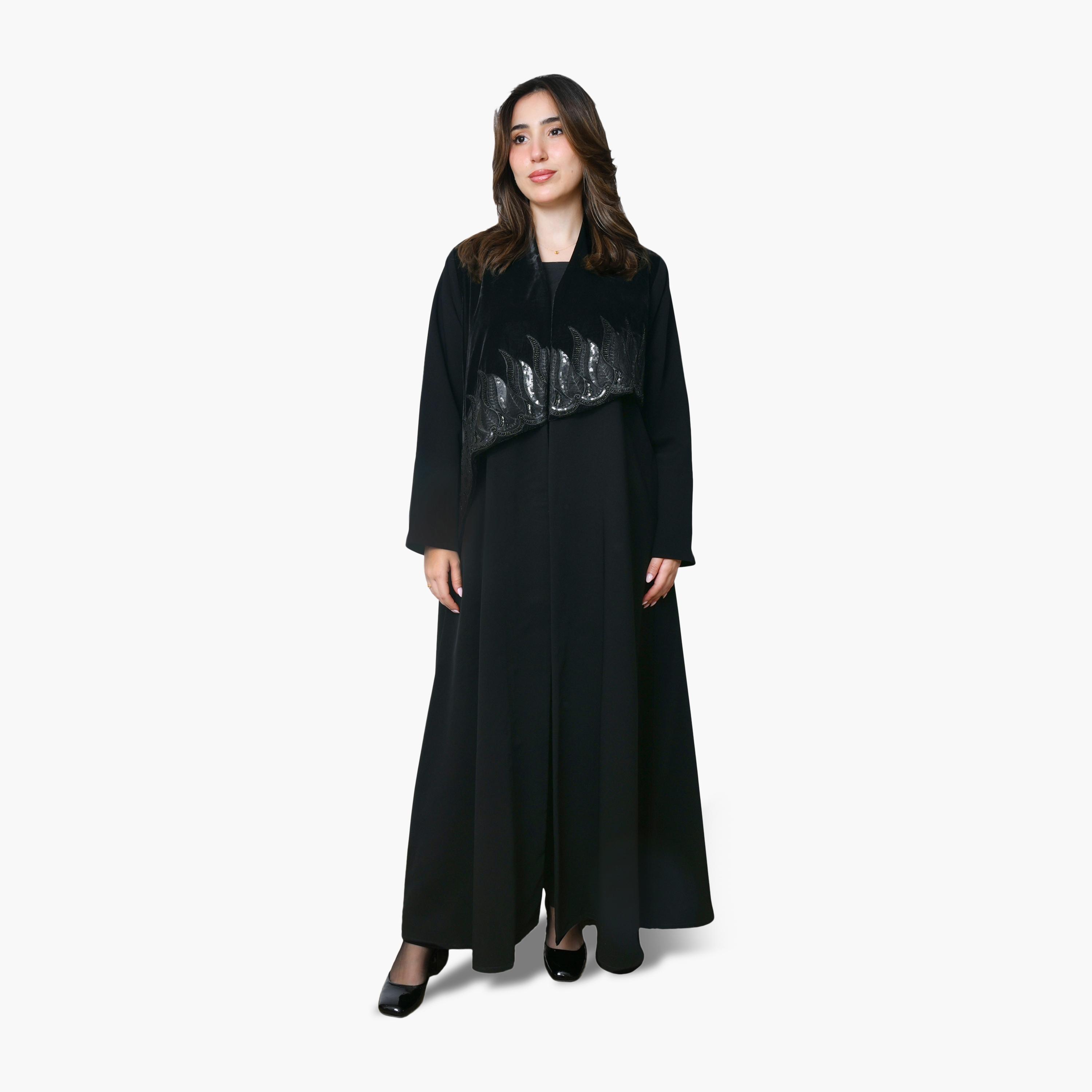 Oya Abaya Black Beaded & Sequined Velvet Women's Evening Abaya-women-arabicclothing-abayas-image-1