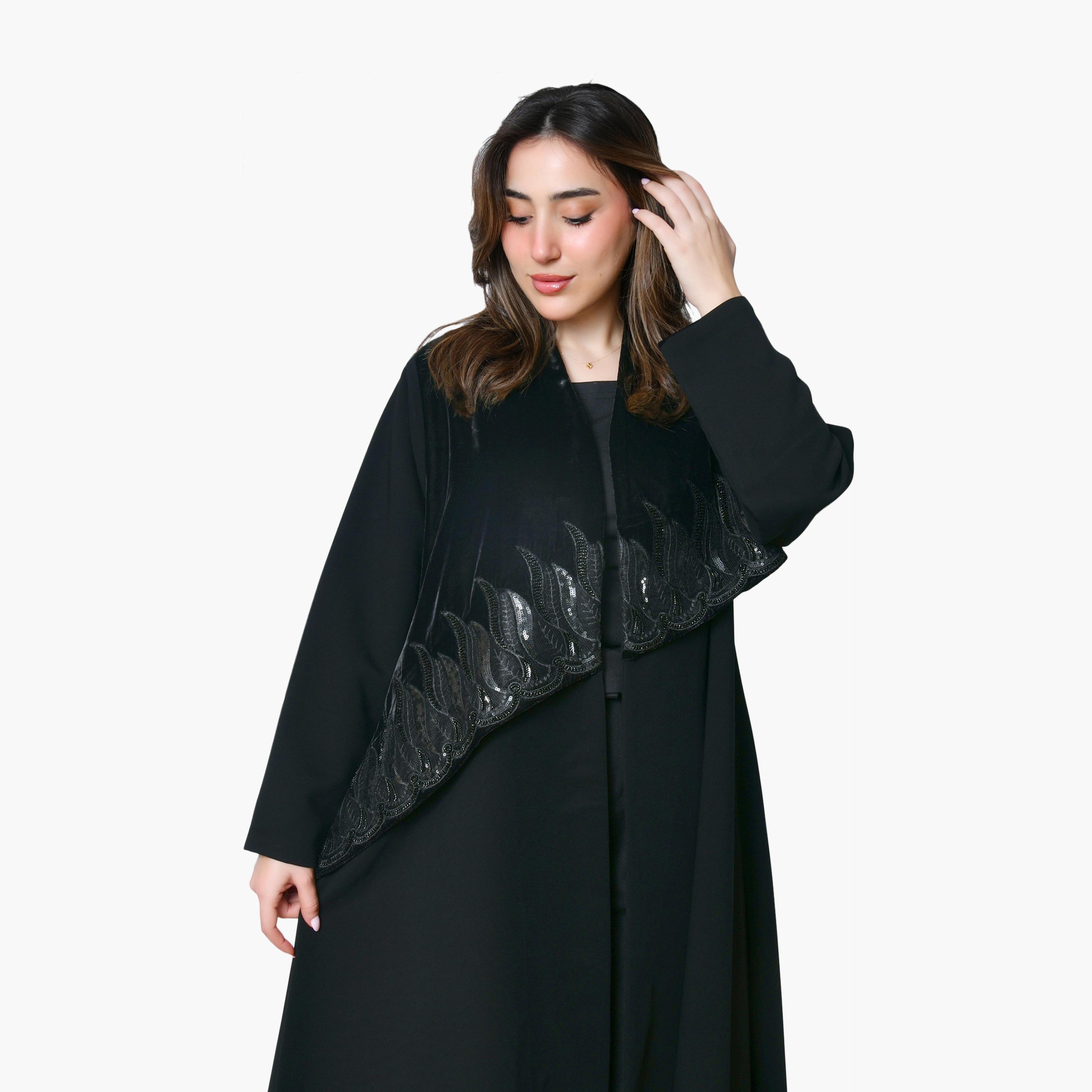 Oya Abaya Black Beaded & Sequined Velvet Women's Evening Abaya-women-arabicclothing-abayas-image-2