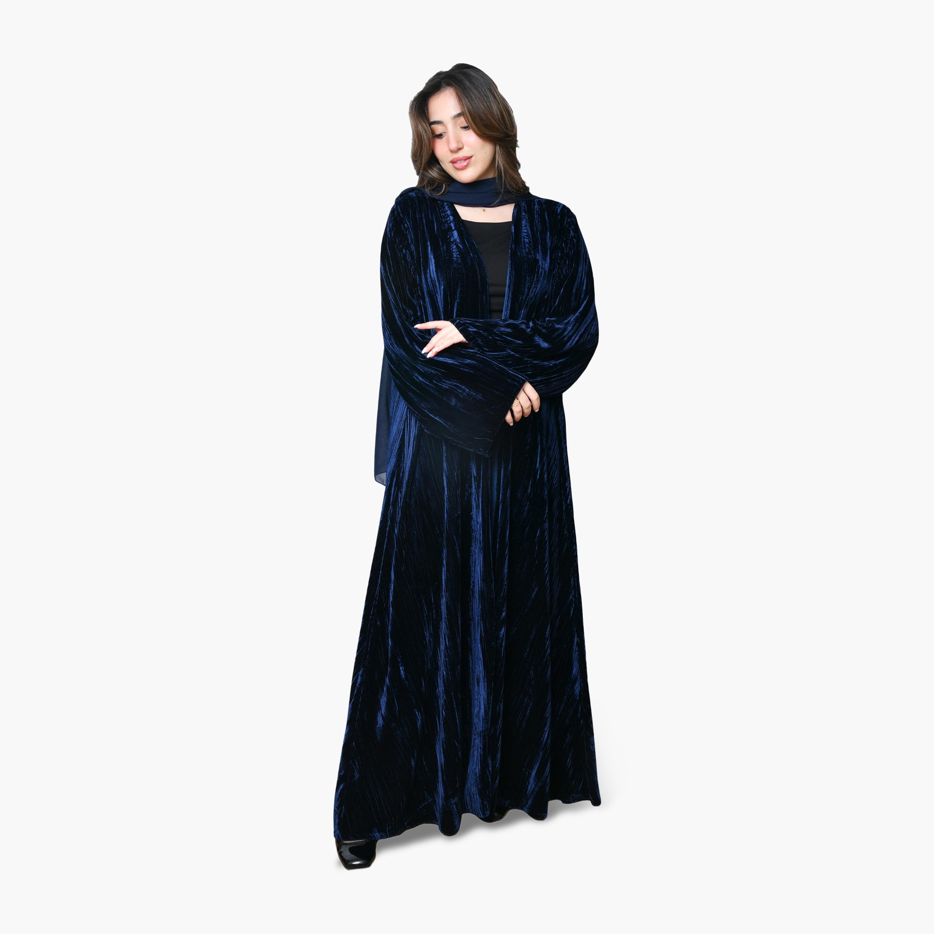 Oya Abaya Textured Wide Sleeves Velvet Women's Evening Abaya with Scarf-women-arabicclothing-abayas-image-1