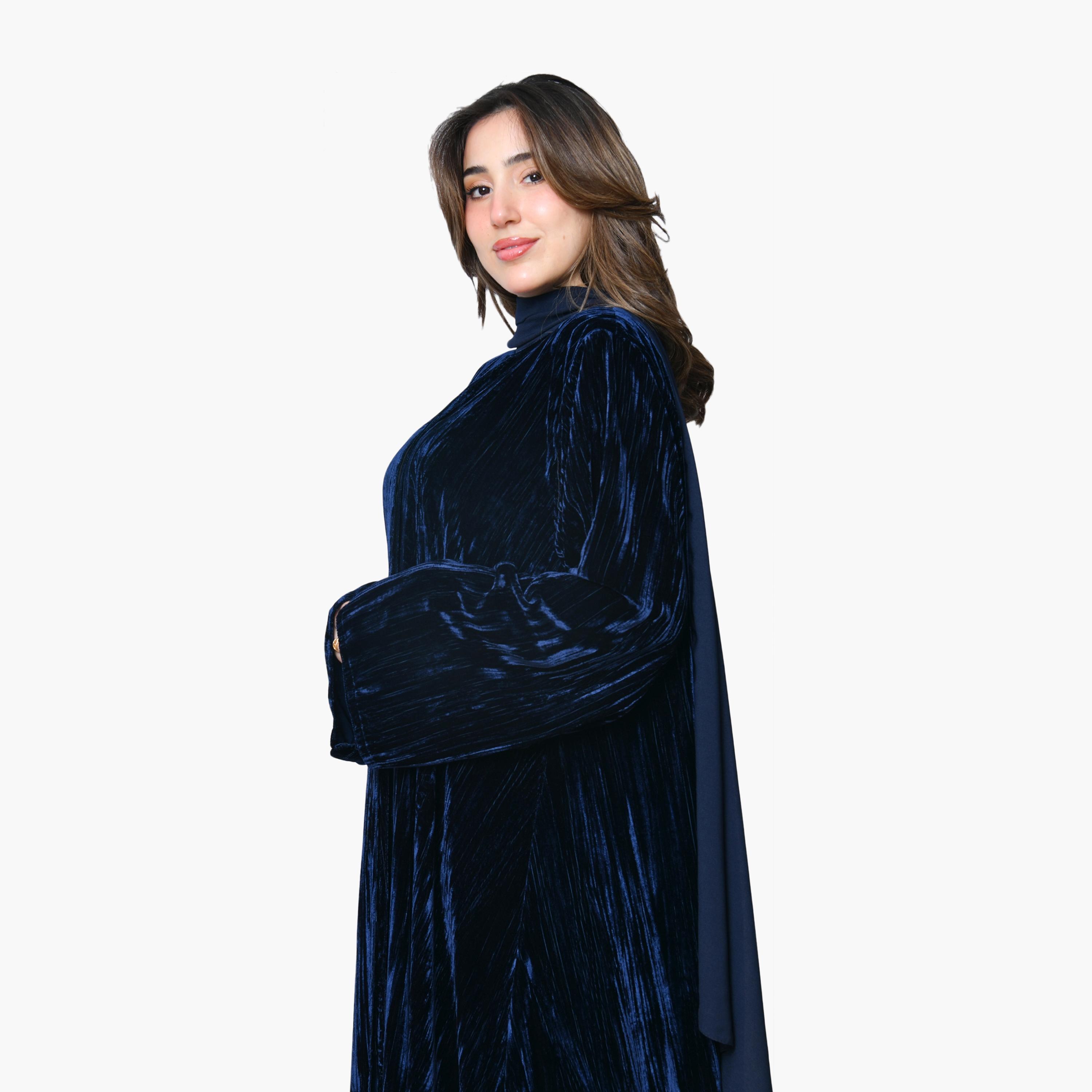 Oya Abaya Textured Wide Sleeves Velvet Women's Evening Abaya with Scarf-women-arabicclothing-abayas-image-2