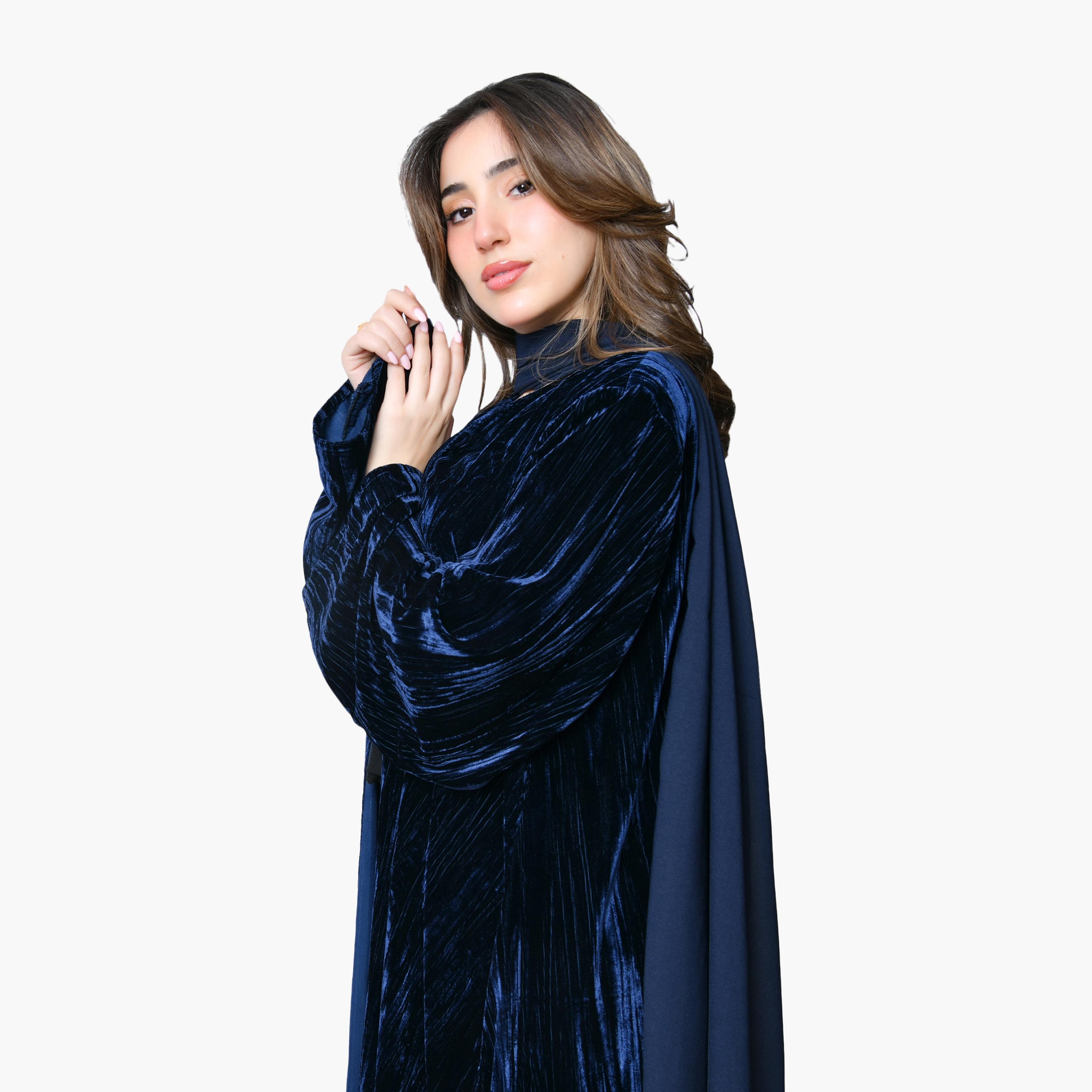 Oya Abaya Textured Wide Sleeves Velvet Women's Evening Abaya with Scarf-women-arabicclothing-abayas-image-3