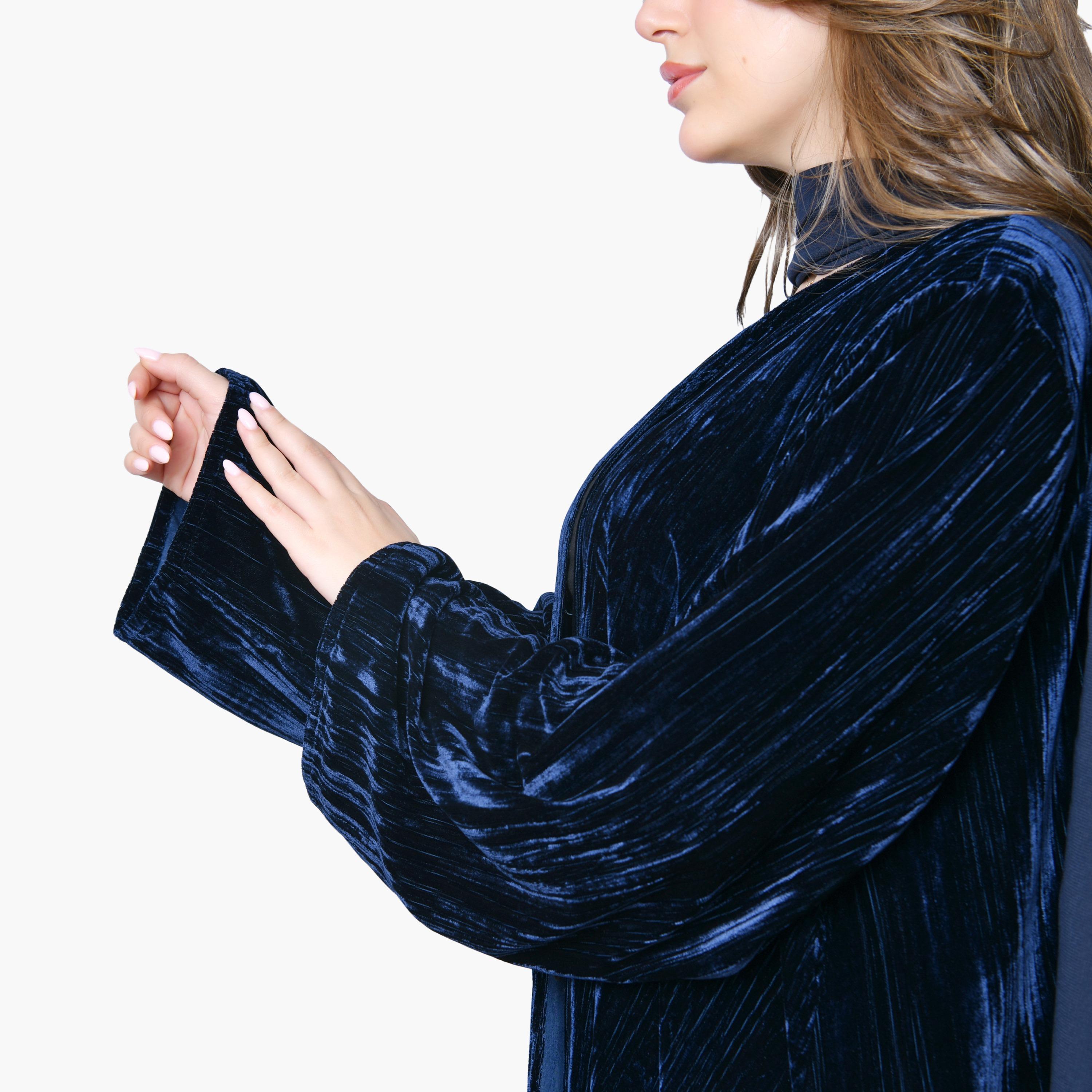 Oya Abaya Textured Wide Sleeves Velvet Women's Evening Abaya with Scarf-women-arabicclothing-abayas-image-4