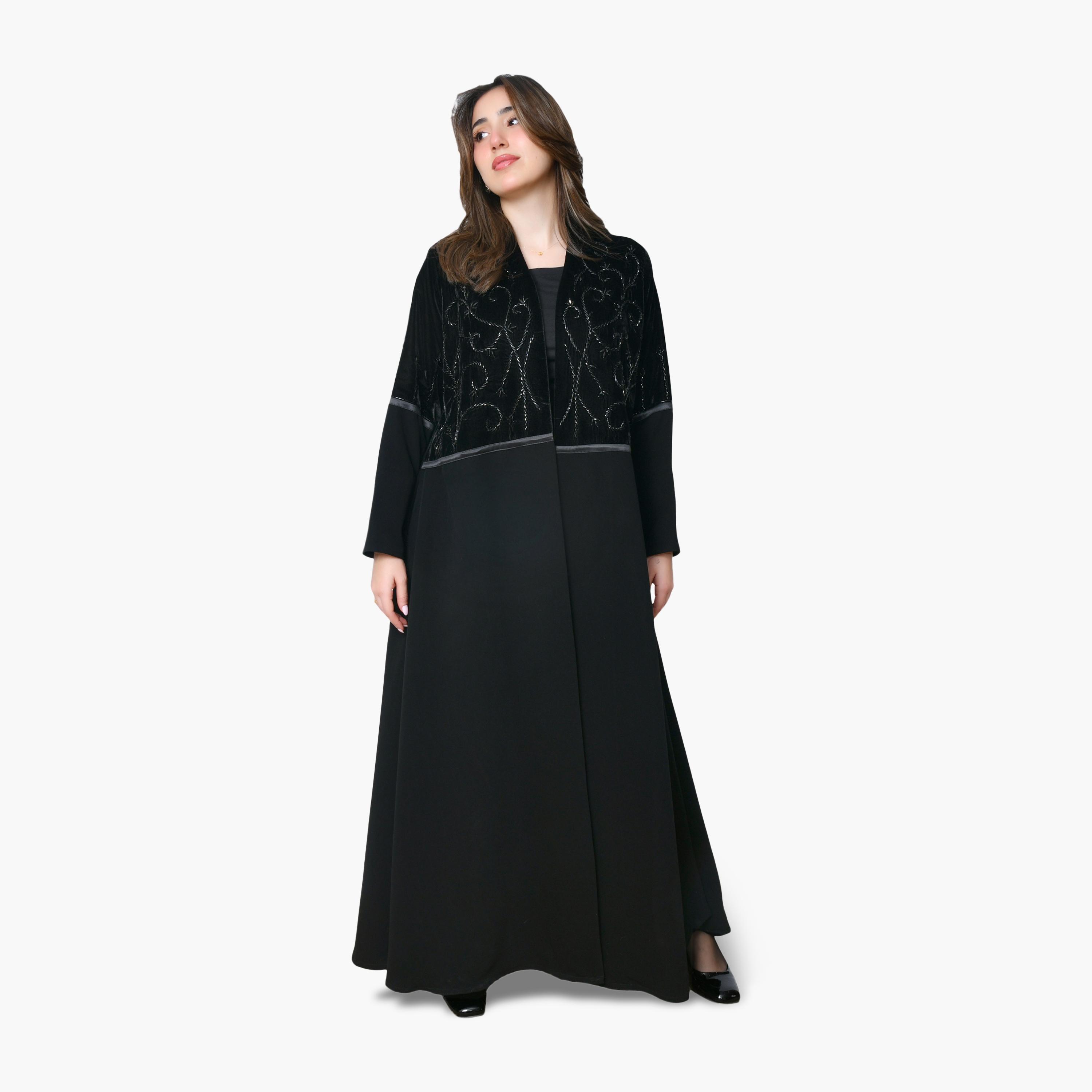 Oya Abaya Black Beaded Velvet Women's Abaya-women-arabicclothing-abayas-image-1