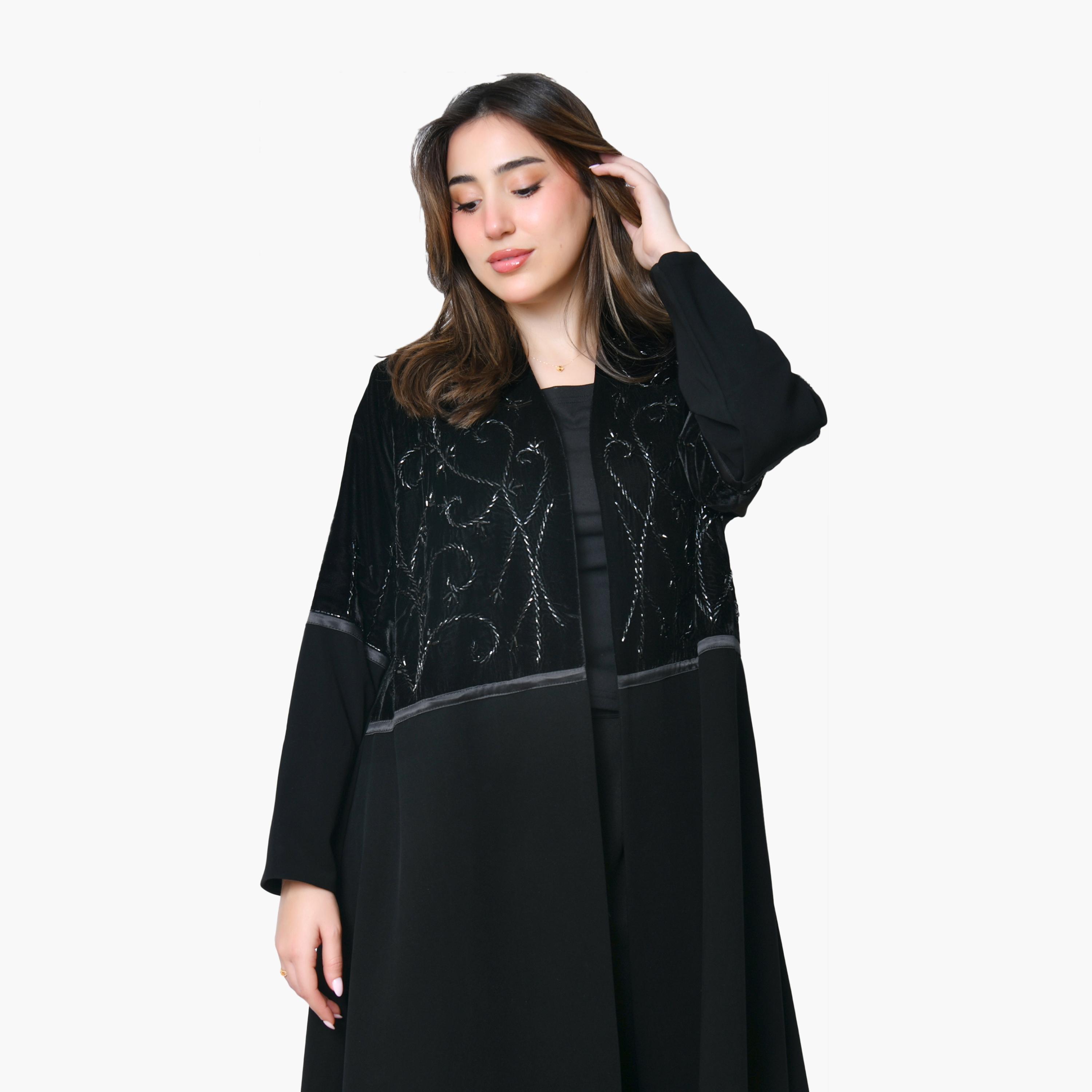 Oya Abaya Black Beaded Velvet Women's Abaya-women-arabicclothing-abayas-image-2