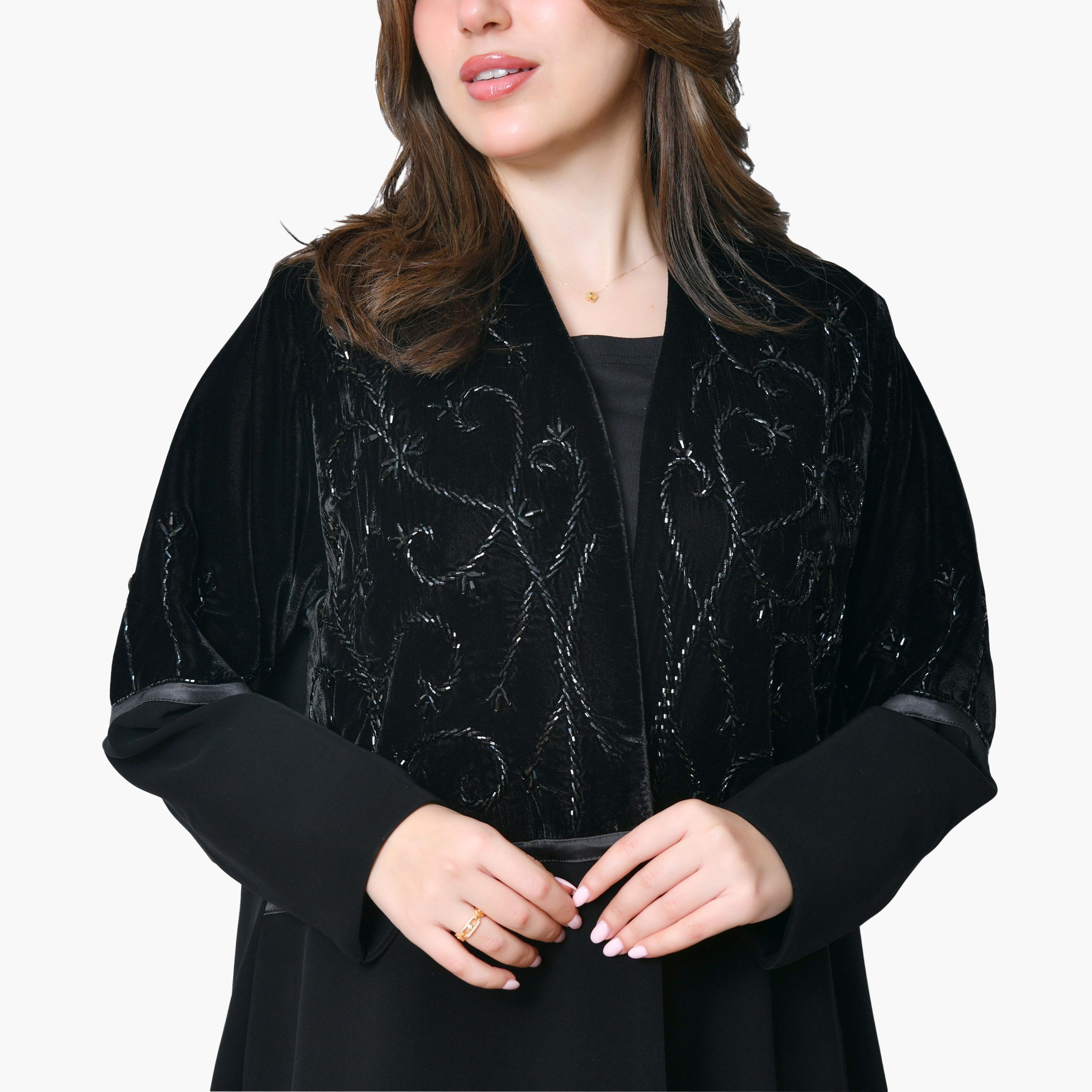 Oya Abaya Black Beaded Velvet Women's Abaya-women-arabicclothing-abayas-image-4