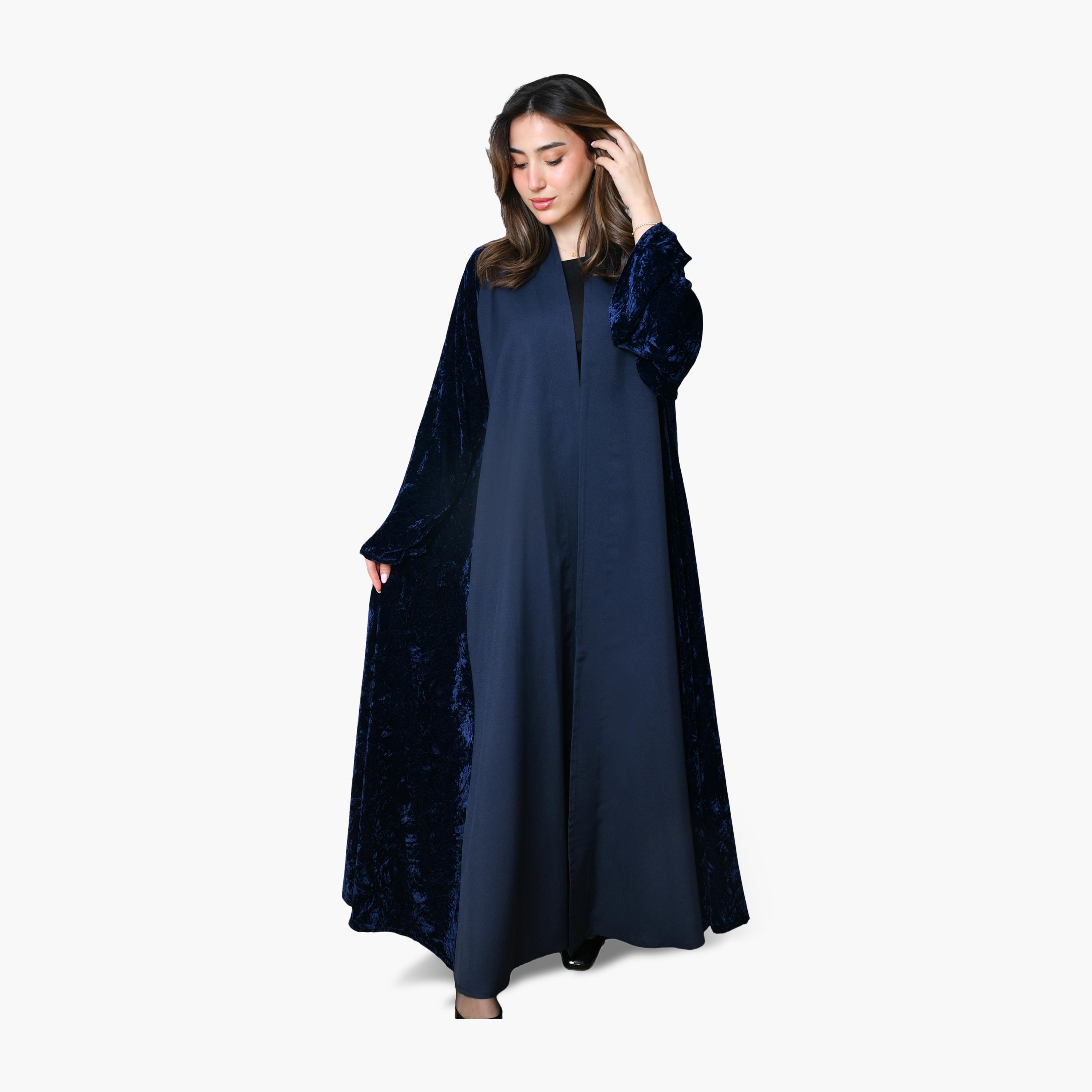 Oya Abaya Navy Two-Tone Panelled Wide Sleeves Velvet Women's Evening Abaya-women-arabicclothing-abayas-image-1