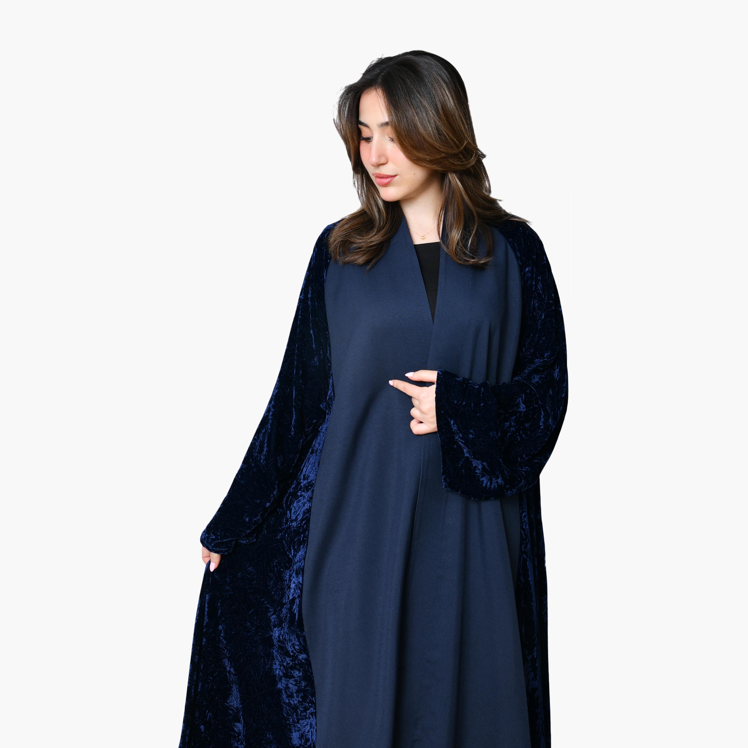Oya Abaya Navy Two-Tone Panelled Wide Sleeves Velvet Women's Evening Abaya-women-arabicclothing-abayas-image-2