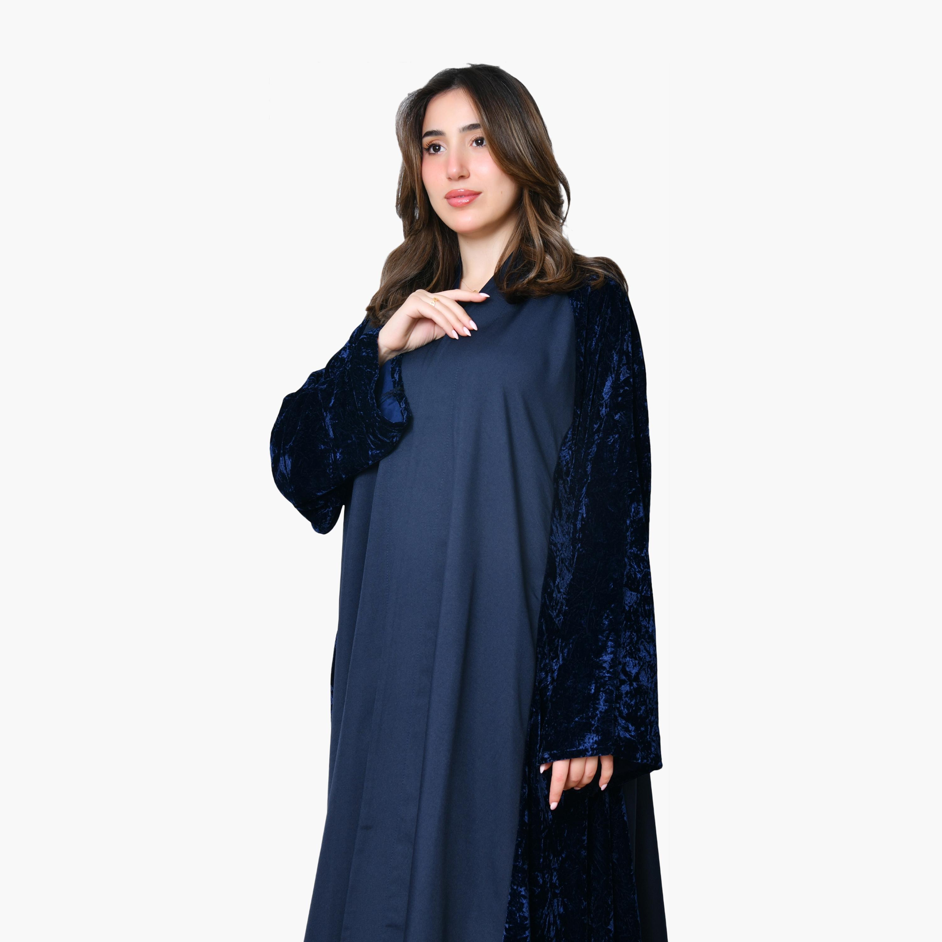 Oya Abaya Navy Two-Tone Panelled Wide Sleeves Velvet Women's Evening Abaya-women-arabicclothing-abayas-image-3