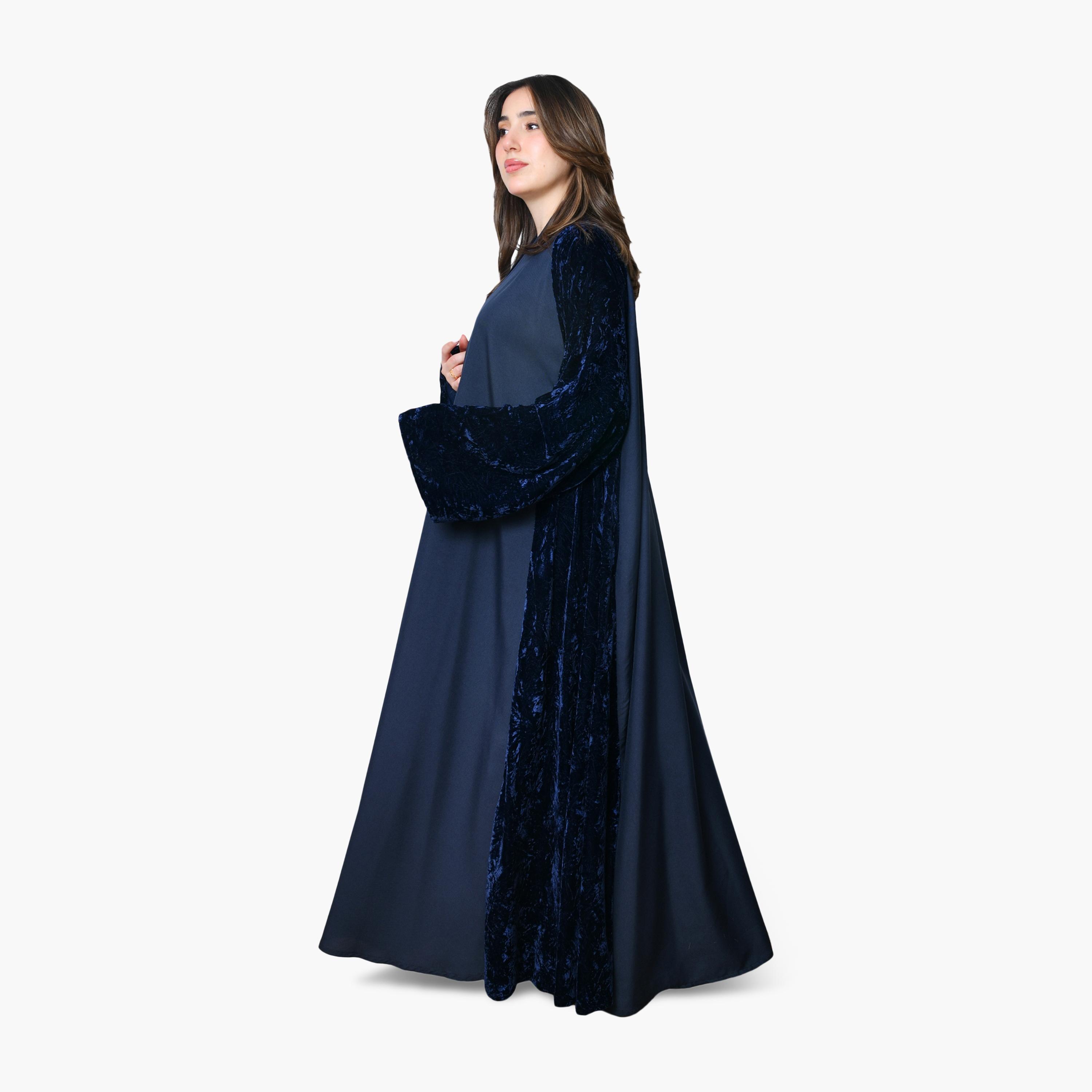 Oya Abaya Navy Two-Tone Panelled Wide Sleeves Velvet Women's Evening Abaya-women-arabicclothing-abayas-image-4