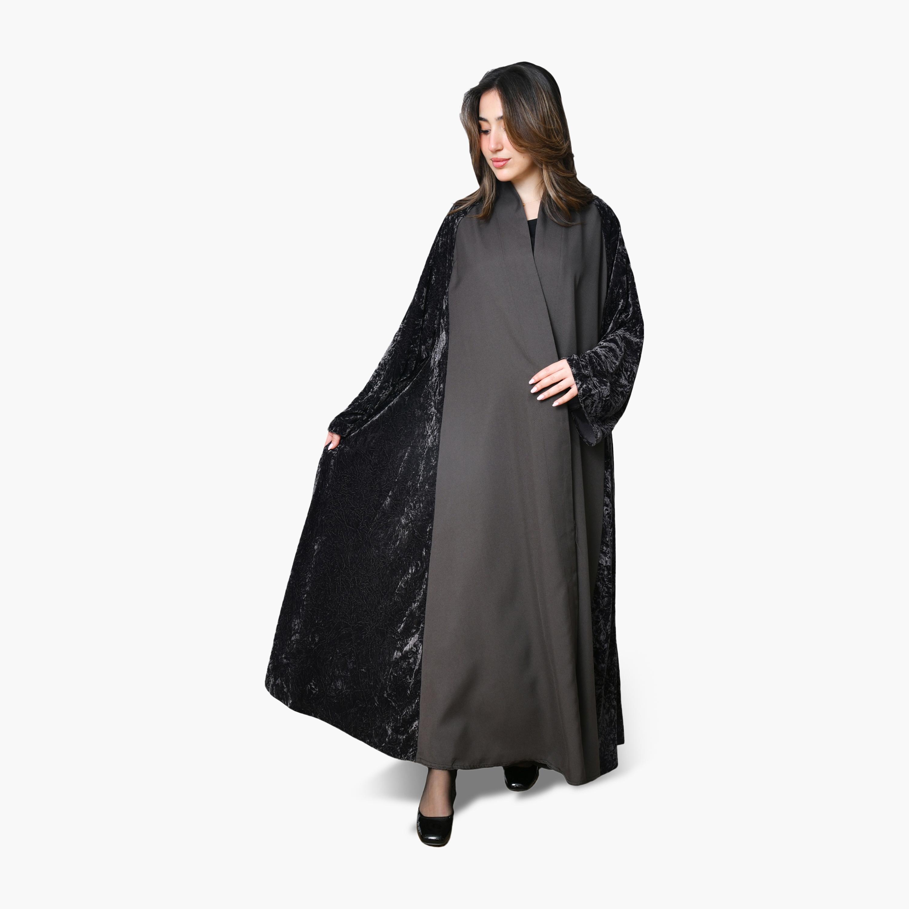 Oya Abaya Grey Two-Tone Panelled Wide Sleeves Velvet Women's Evening Abaya-women-arabicclothing-abayas-image-1