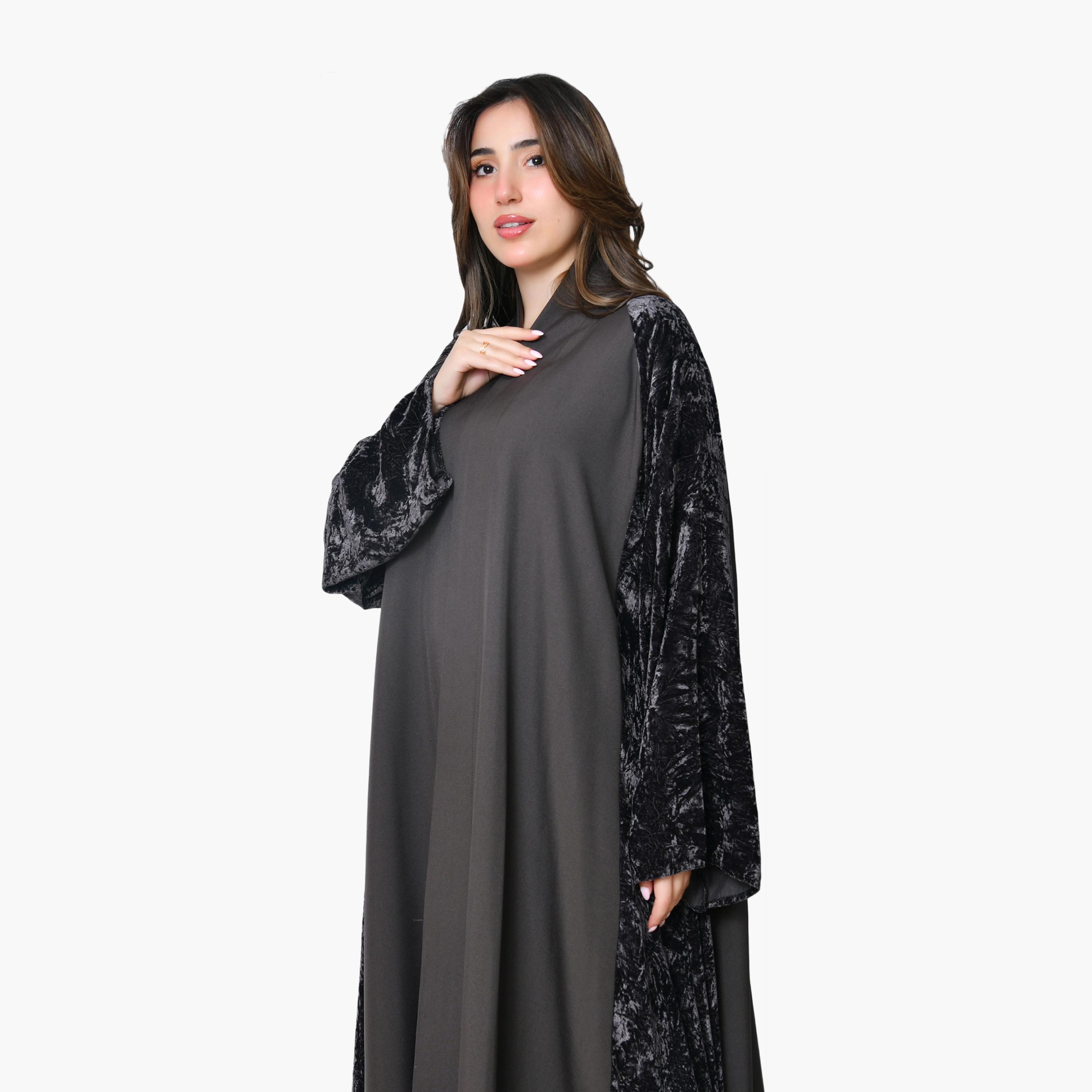 Oya Abaya Grey Two-Tone Panelled Wide Sleeves Velvet Women's Evening Abaya-women-arabicclothing-abayas-image-2