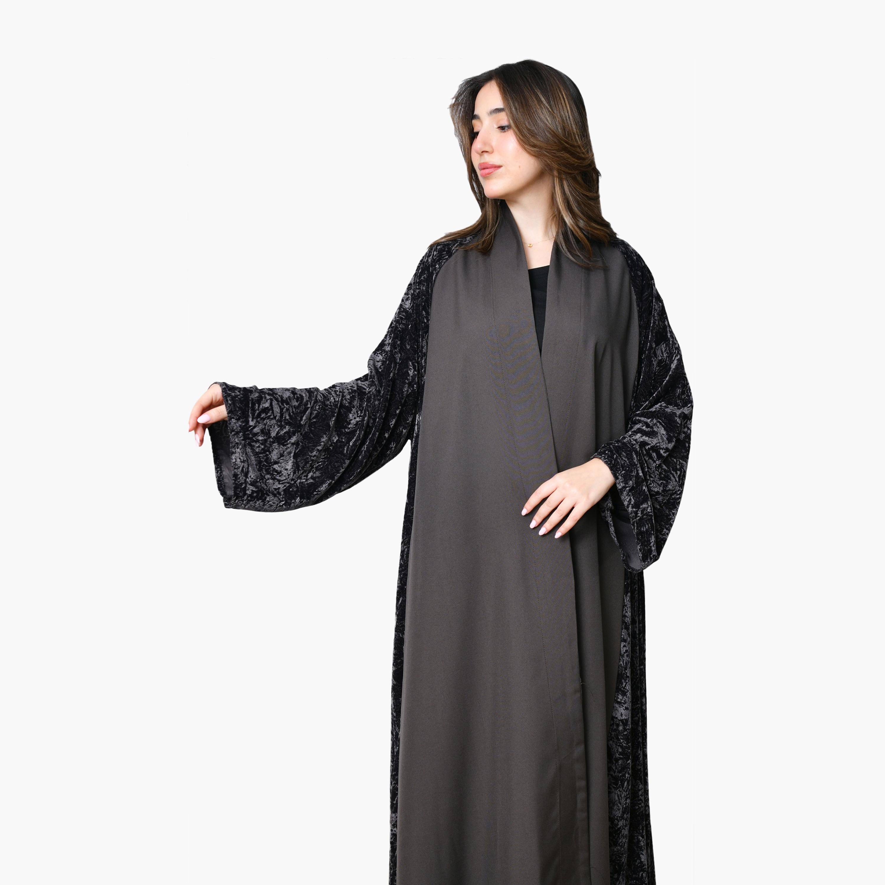 Oya Abaya Grey Two-Tone Panelled Wide Sleeves Velvet Women's Evening Abaya-women-arabicclothing-abayas-image-3