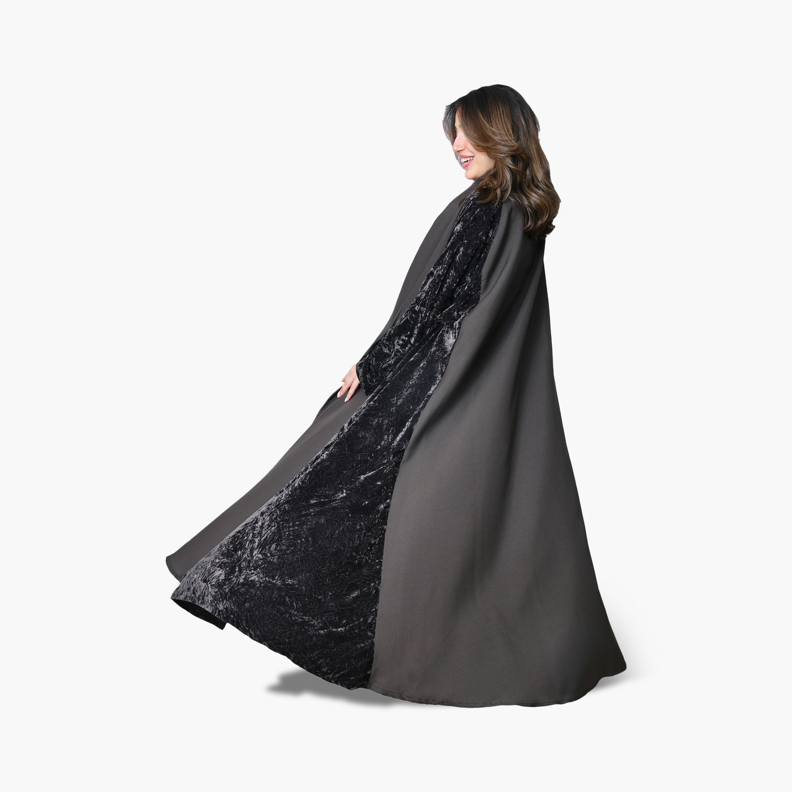 Oya Abaya Grey Two-Tone Panelled Wide Sleeves Velvet Women's Evening Abaya-women-arabicclothing-abayas-image-4