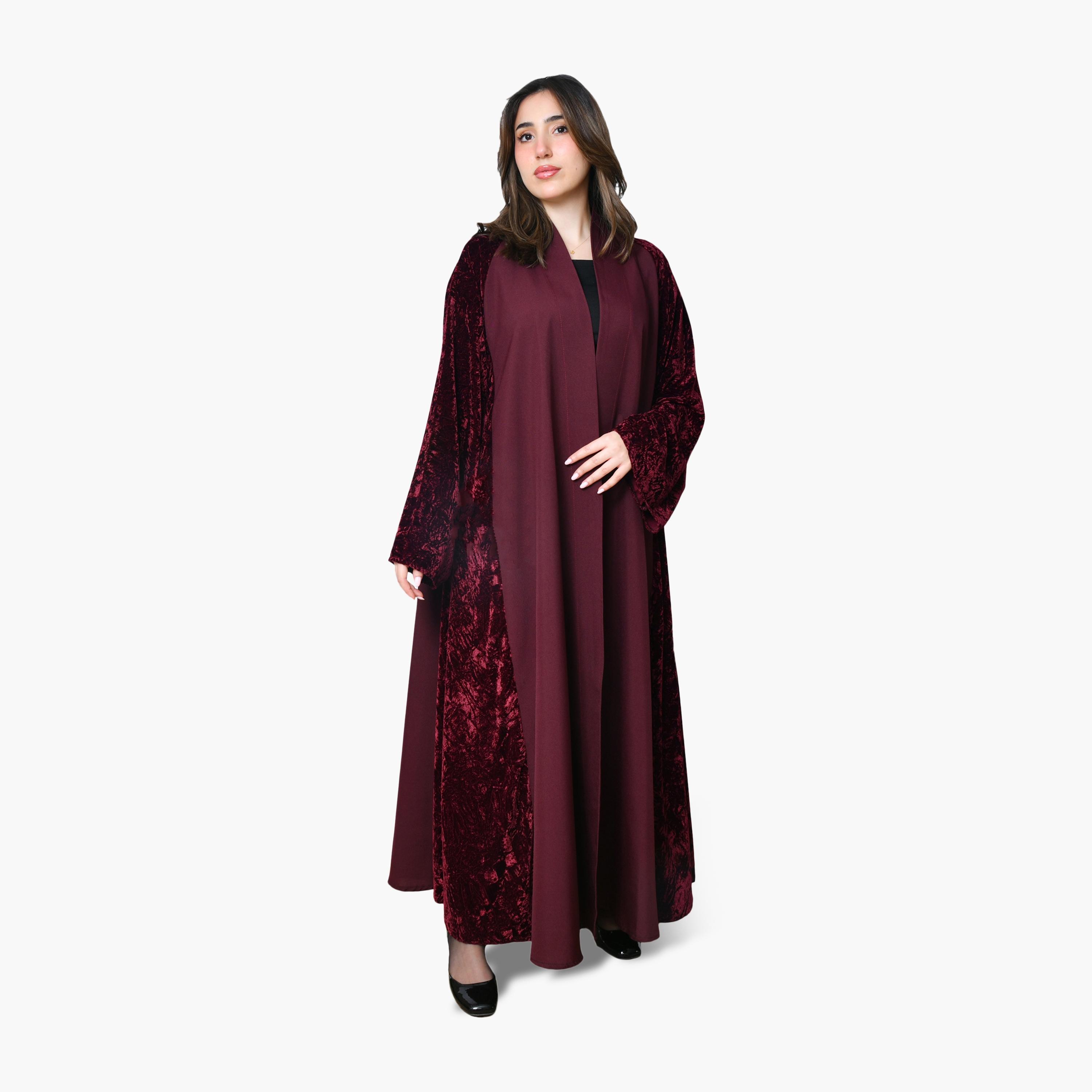 Oya Abaya Burgundy Two-Tone Panelled Wide Sleeves Velvet Women's Evening Abaya-women-arabicclothing-abayas-image-1