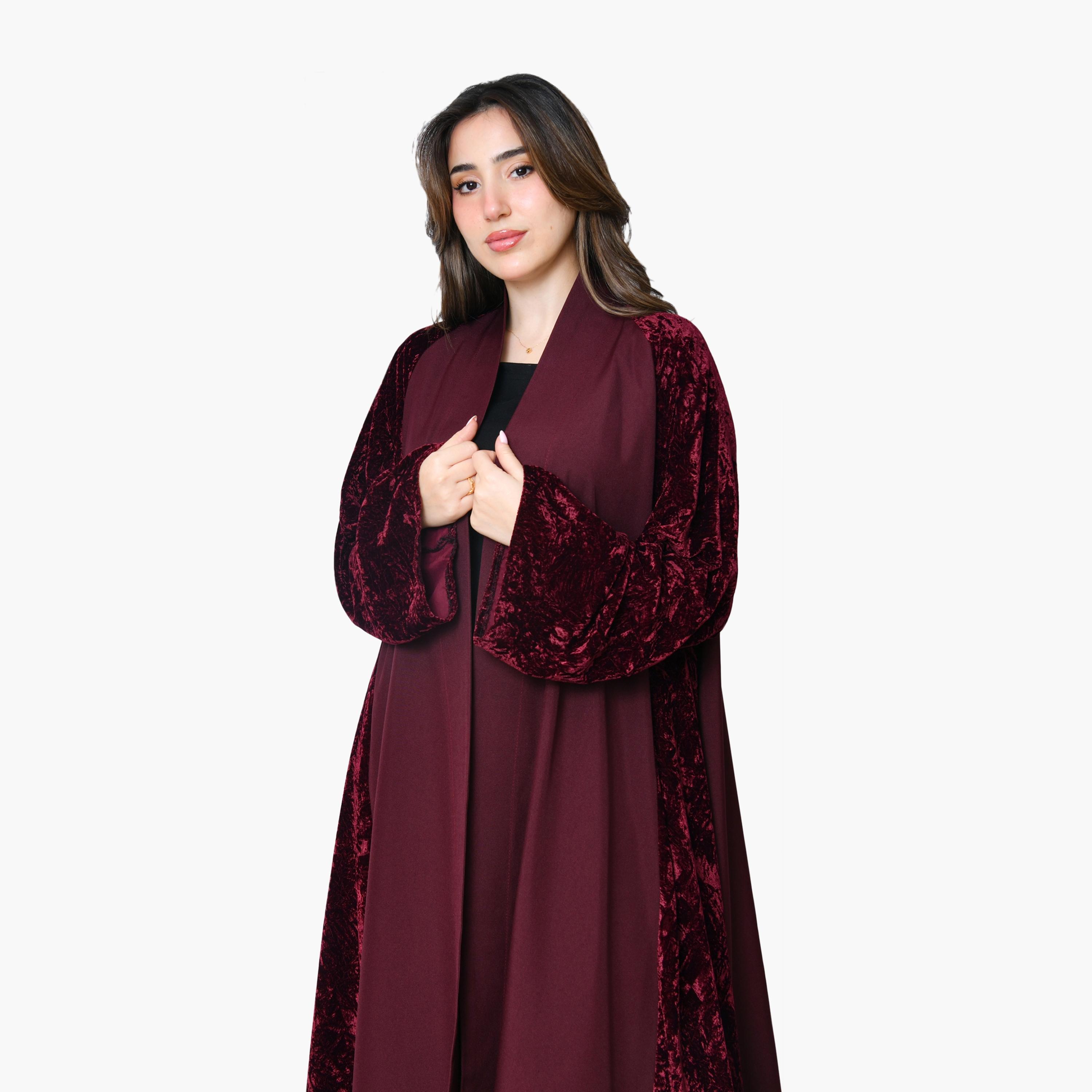 Oya Abaya Burgundy Two-Tone Panelled Wide Sleeves Velvet Women's Evening Abaya-women-arabicclothing-abayas-image-2