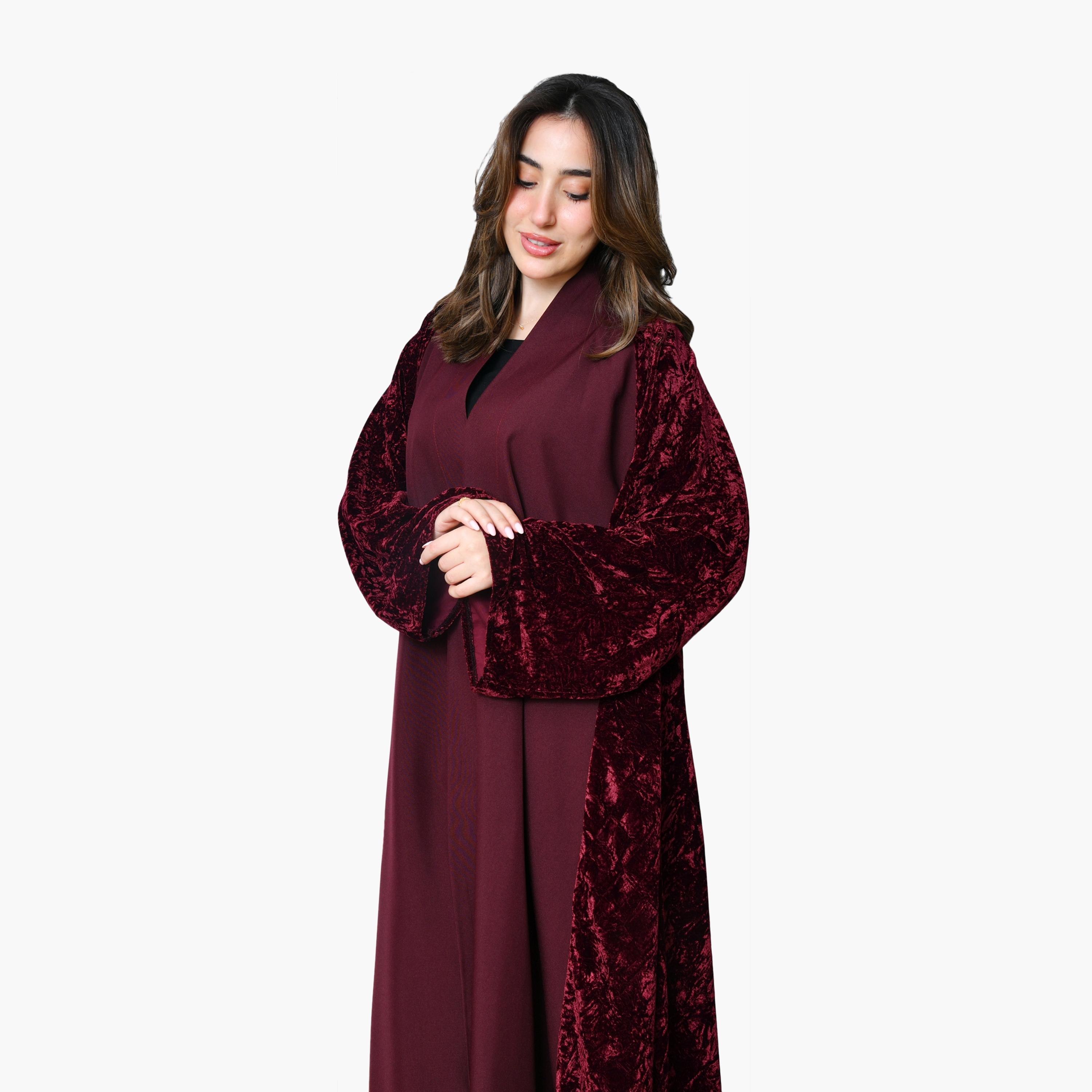Oya Abaya Burgundy Two-Tone Panelled Wide Sleeves Velvet Women's Evening Abaya-women-arabicclothing-abayas-image-3