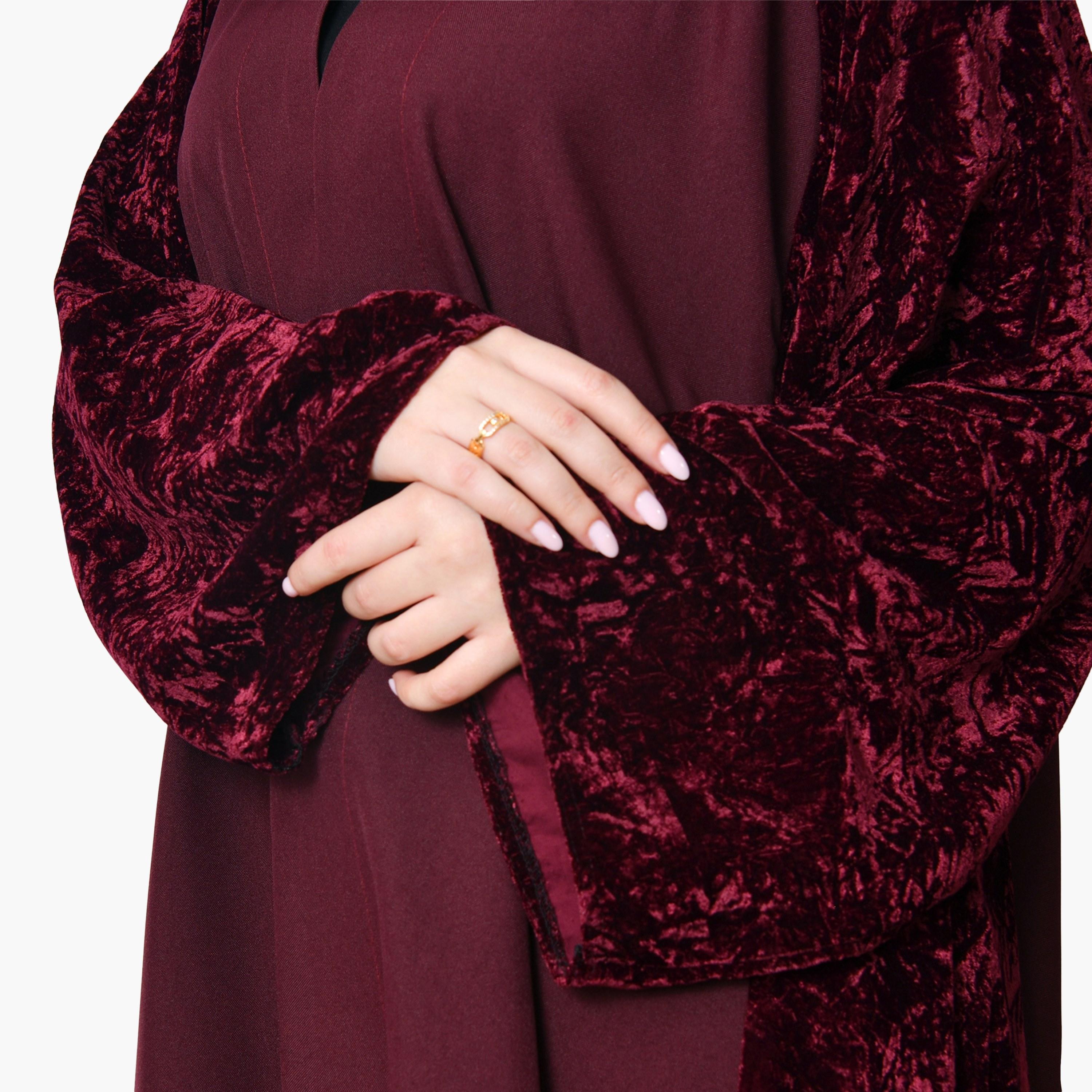 Oya Abaya Burgundy Two-Tone Panelled Wide Sleeves Velvet Women's Evening Abaya-women-arabicclothing-abayas-image-4