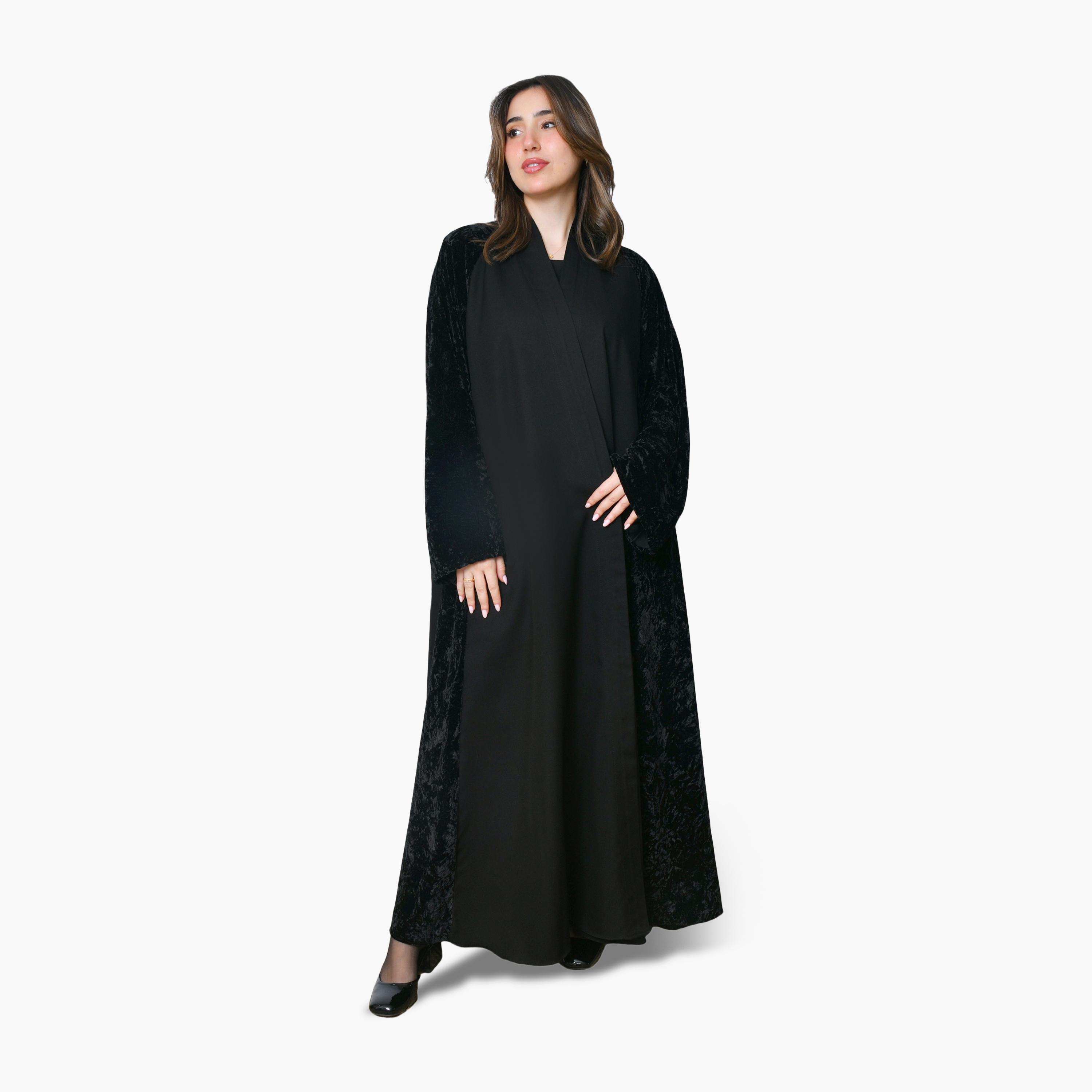 Oya Abaya Black Two-Tone Panelled Wide Sleeves Velvet Women's Evening Abaya-women-arabicclothing-abayas-image-1