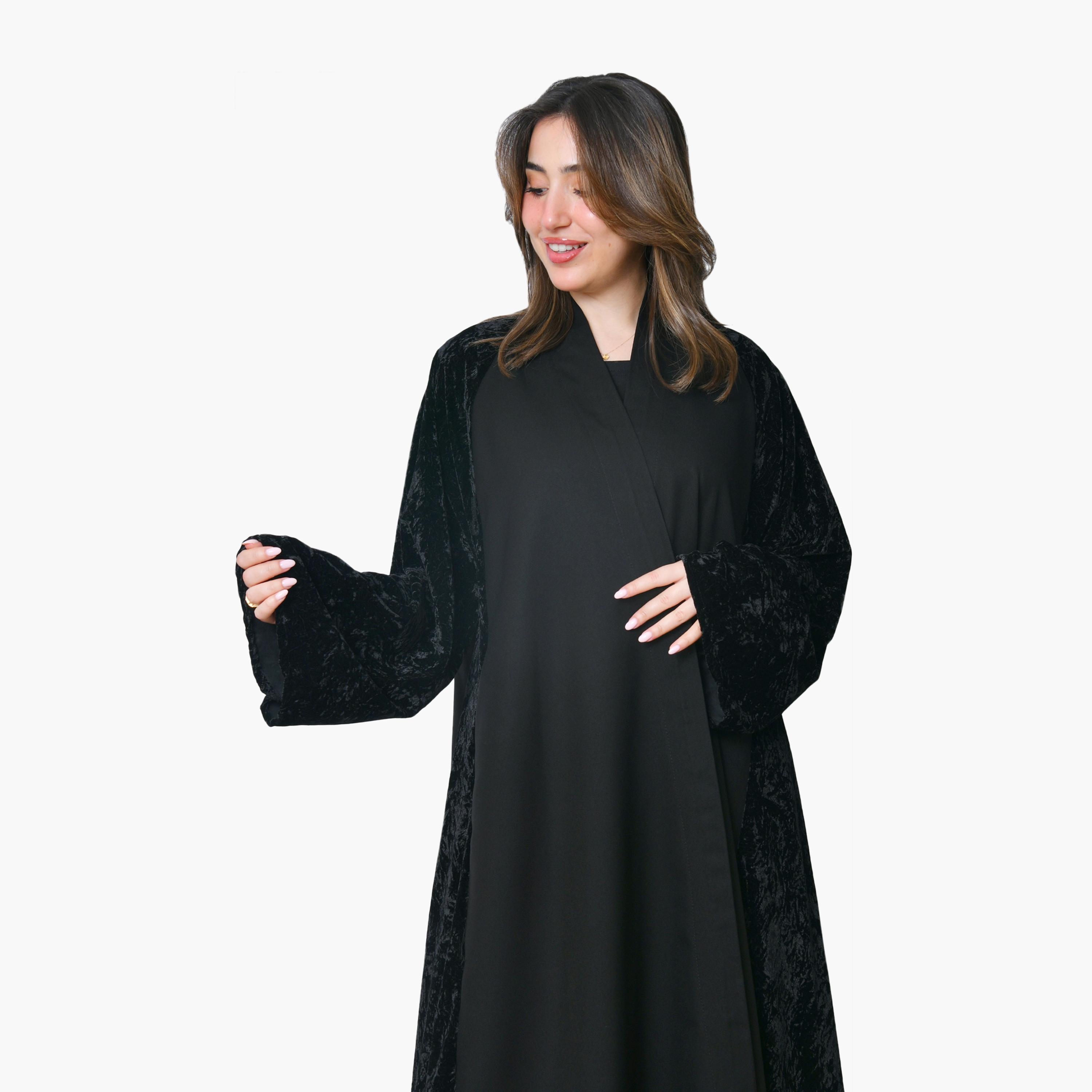 Oya Abaya Black Two-Tone Panelled Wide Sleeves Velvet Women's Evening Abaya-women-arabicclothing-abayas-image-2