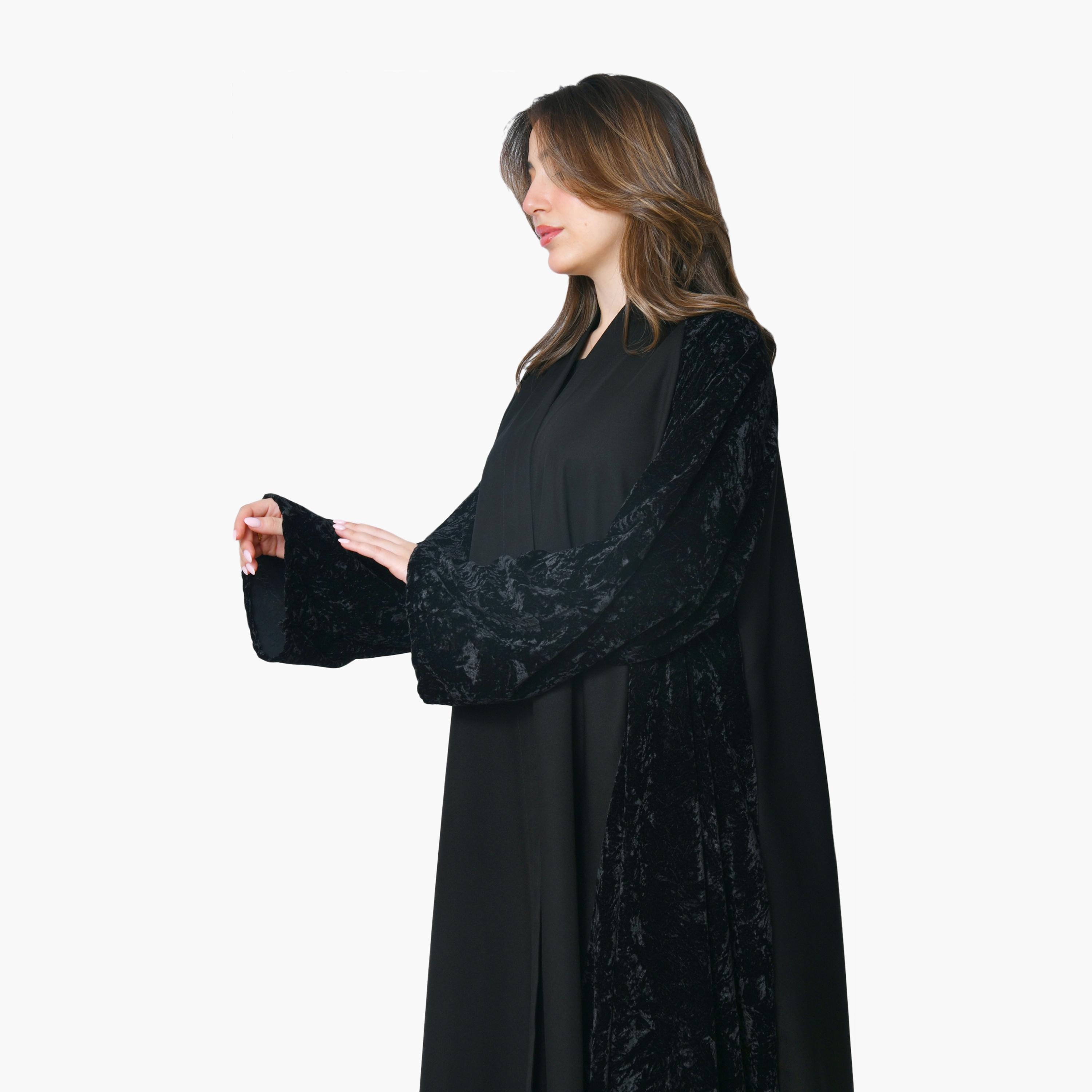 Oya Abaya Black Two-Tone Panelled Wide Sleeves Velvet Women's Evening Abaya-women-arabicclothing-abayas-image-3