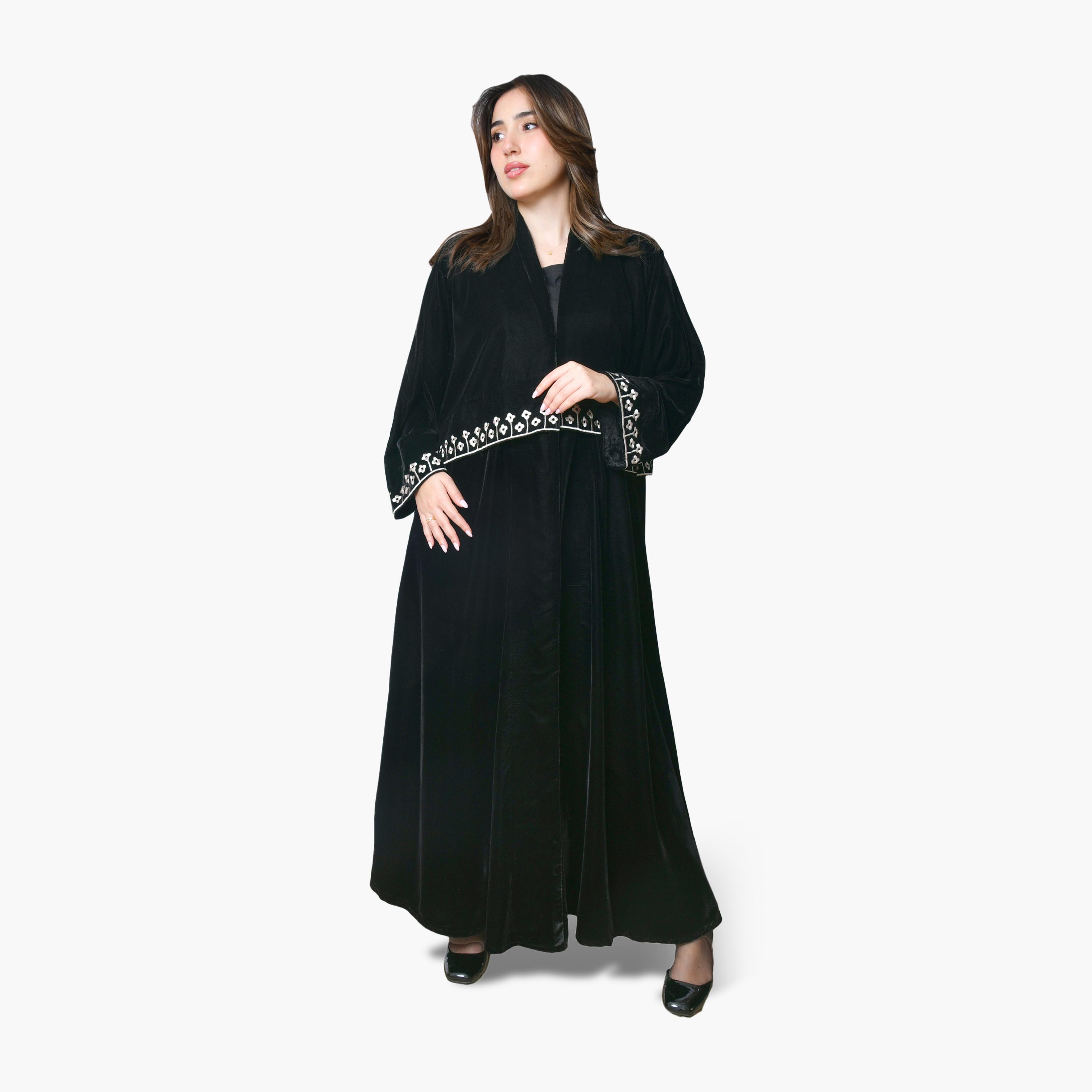 Oya Abaya Black Floral Embroidered Flared Sleeves Velvet Women's Abaya-women-arabicclothing-abayas-image-1