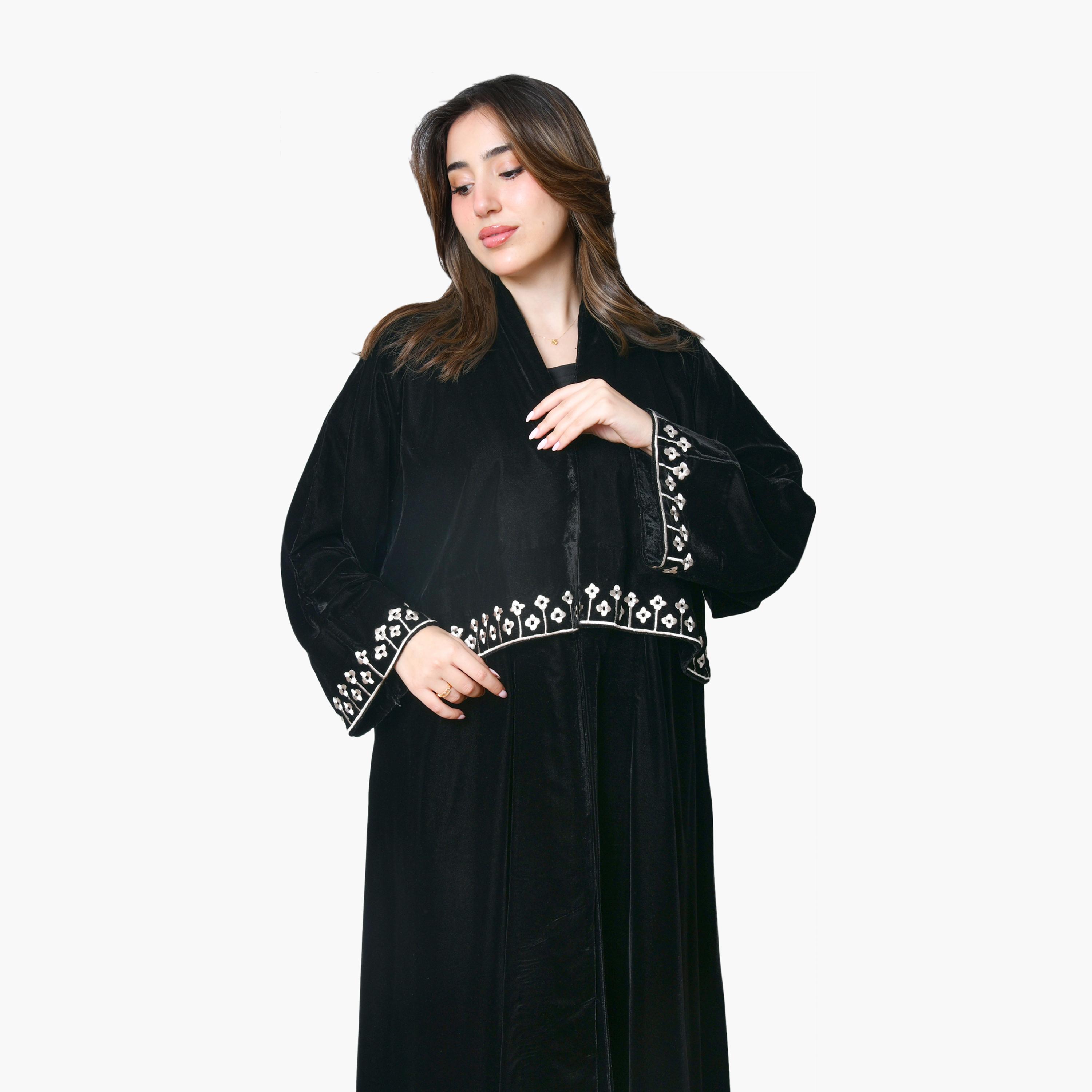 Oya Abaya Black Floral Embroidered Flared Sleeves Velvet Women's Abaya-women-arabicclothing-abayas-image-2