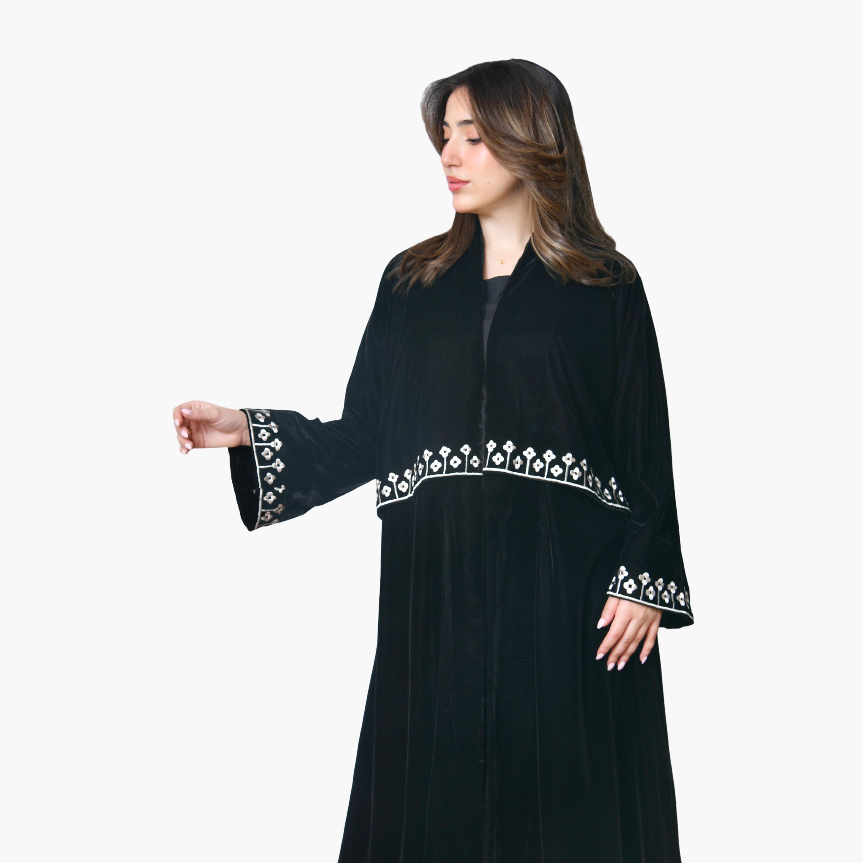 Oya Abaya Black Floral Embroidered Flared Sleeves Velvet Women's Abaya-women-arabicclothing-abayas-image-3