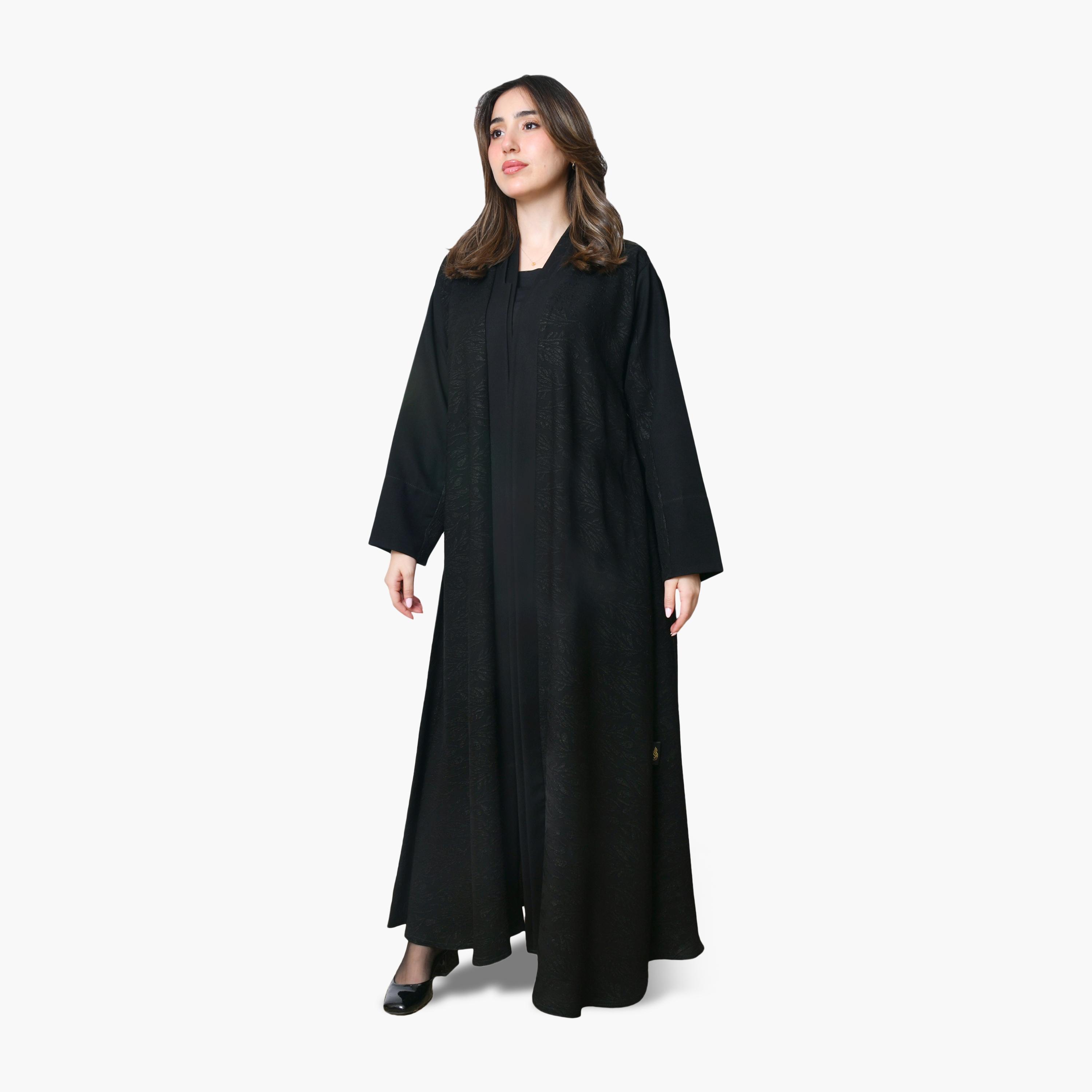 Oya Abaya Black Leaf Jacquard Linen Women's Abaya-women-arabicclothing-abayas-image-1